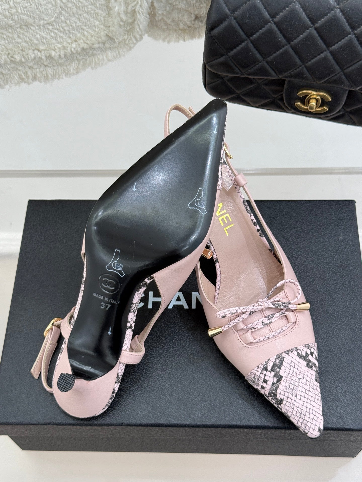 CC 25C Bowknot Slingback Sandal 60mm Light Pink Sheepskin Mix Python Pattern 265654