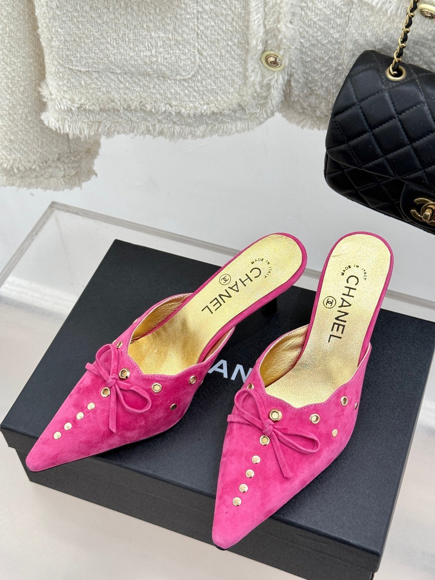CC 25C Bowknot Pointed High Heel Half Slippers 60mm Pink Suede 265656