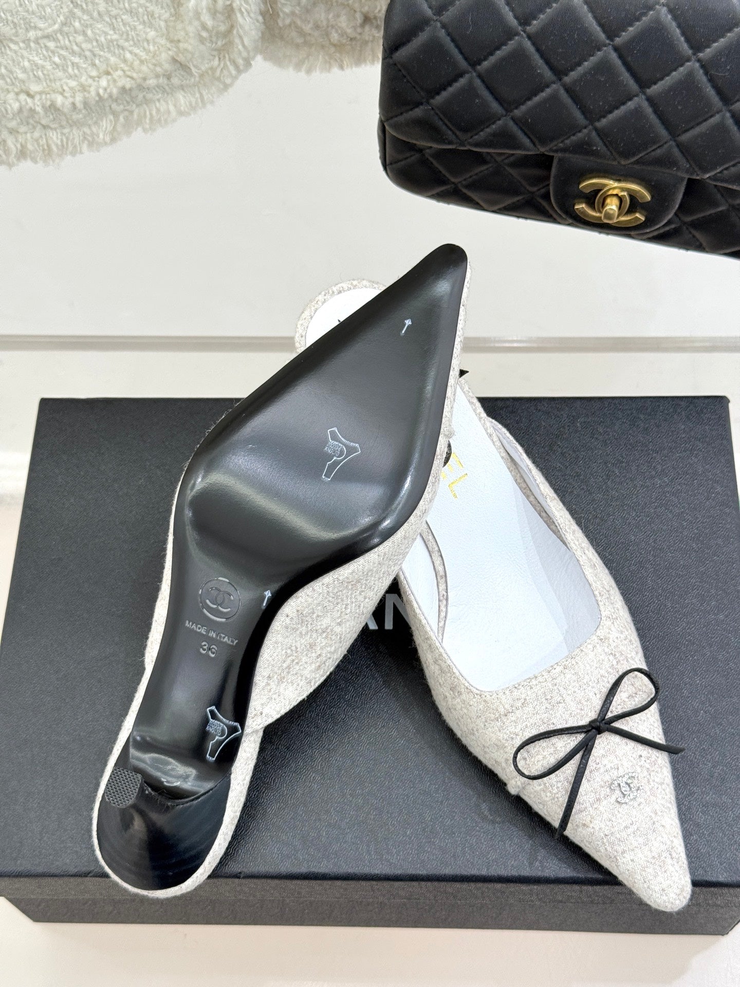 CC 25C Bowknot Pointed High Heel Half Slippers 60mm Beige Linen 265660