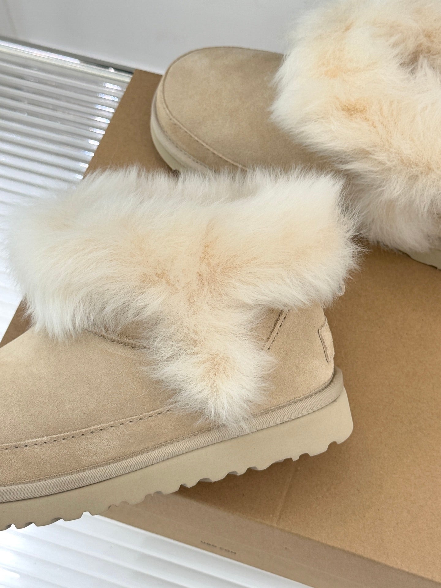 UGG Classic Ultra Mini Chalet Boots Muted Beige Suede Sheepskin Cuff 517489