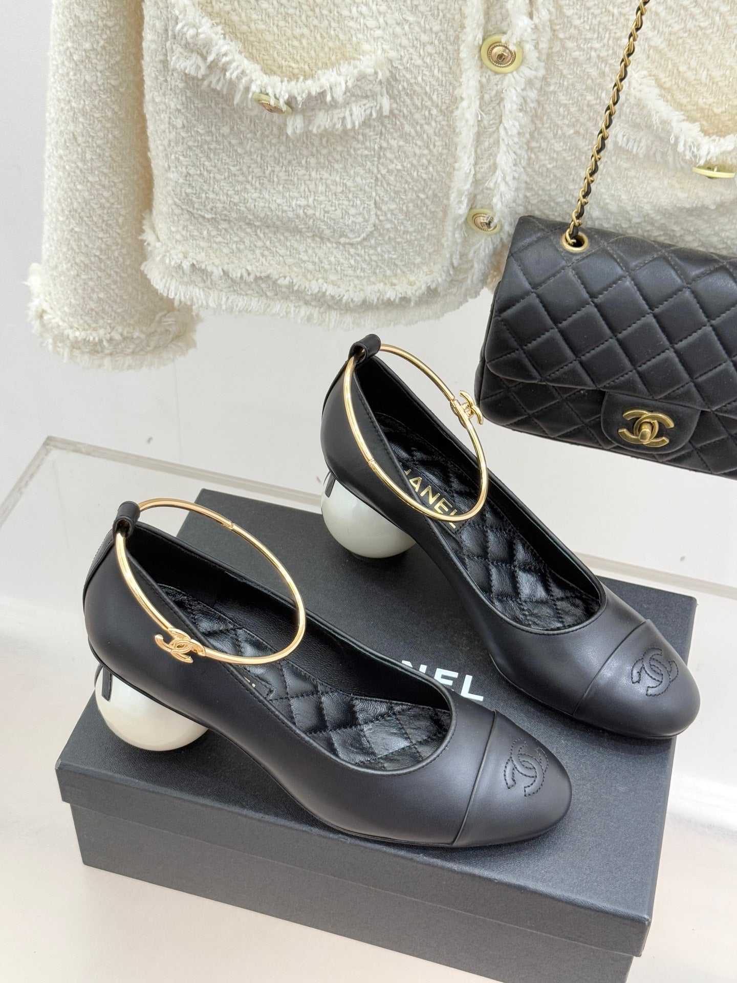 CC 26C Ribbon Camellia Mary Jane With Giant Pearl Black Lambskin