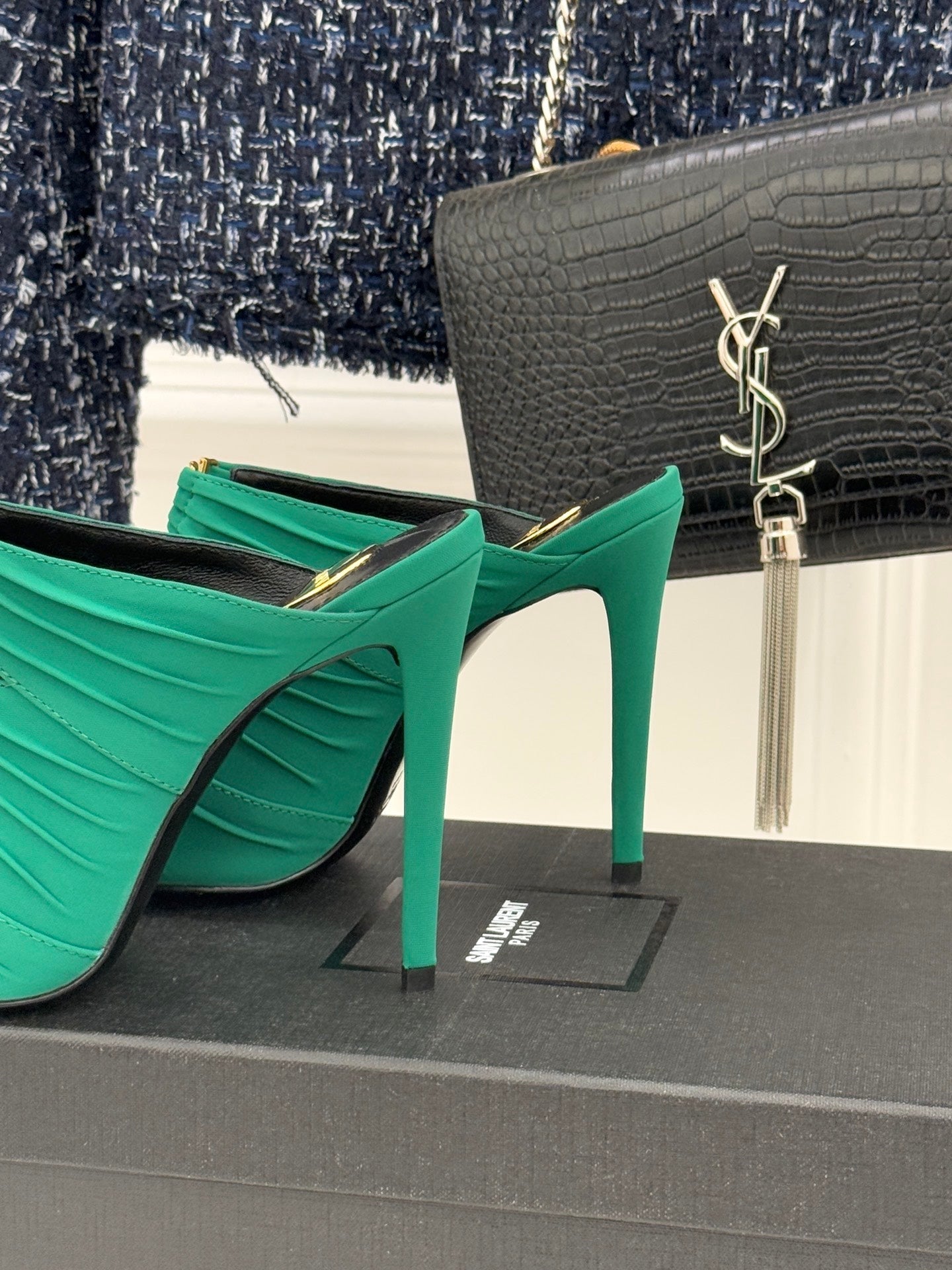 YSL Emilie Stiletto Mule Sandals 11cm Teal Green Satin 642914