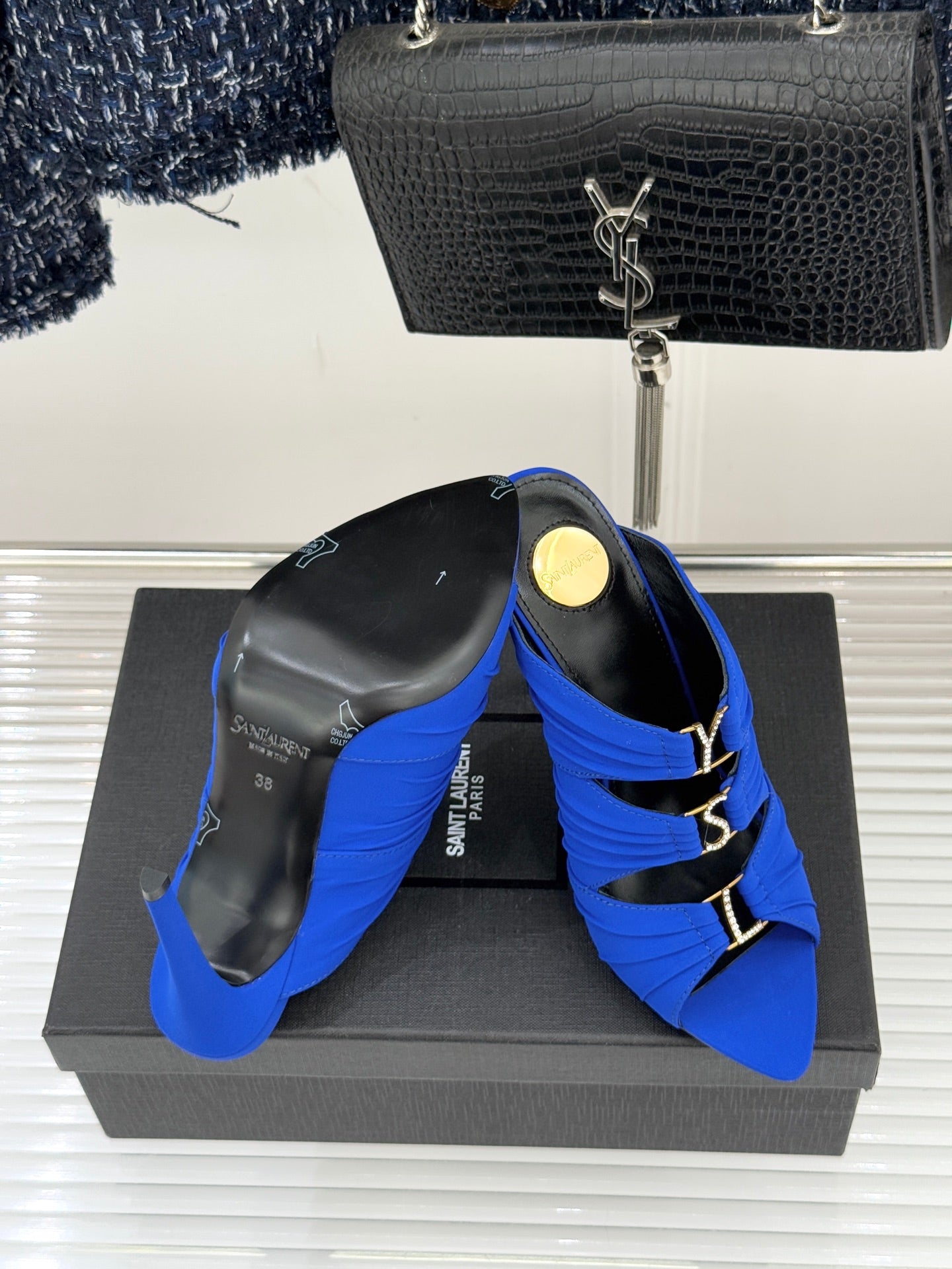 YSL Emilie Stiletto Mule Sandals 11cm Blue Satin 642915