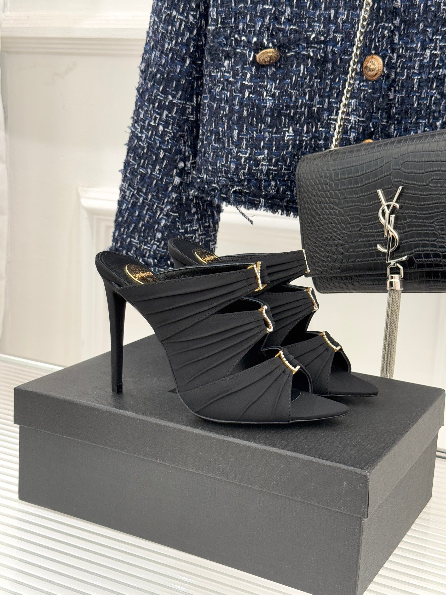 YSL Emilie Stiletto Mule Sandals 11cm Black Satin 642916