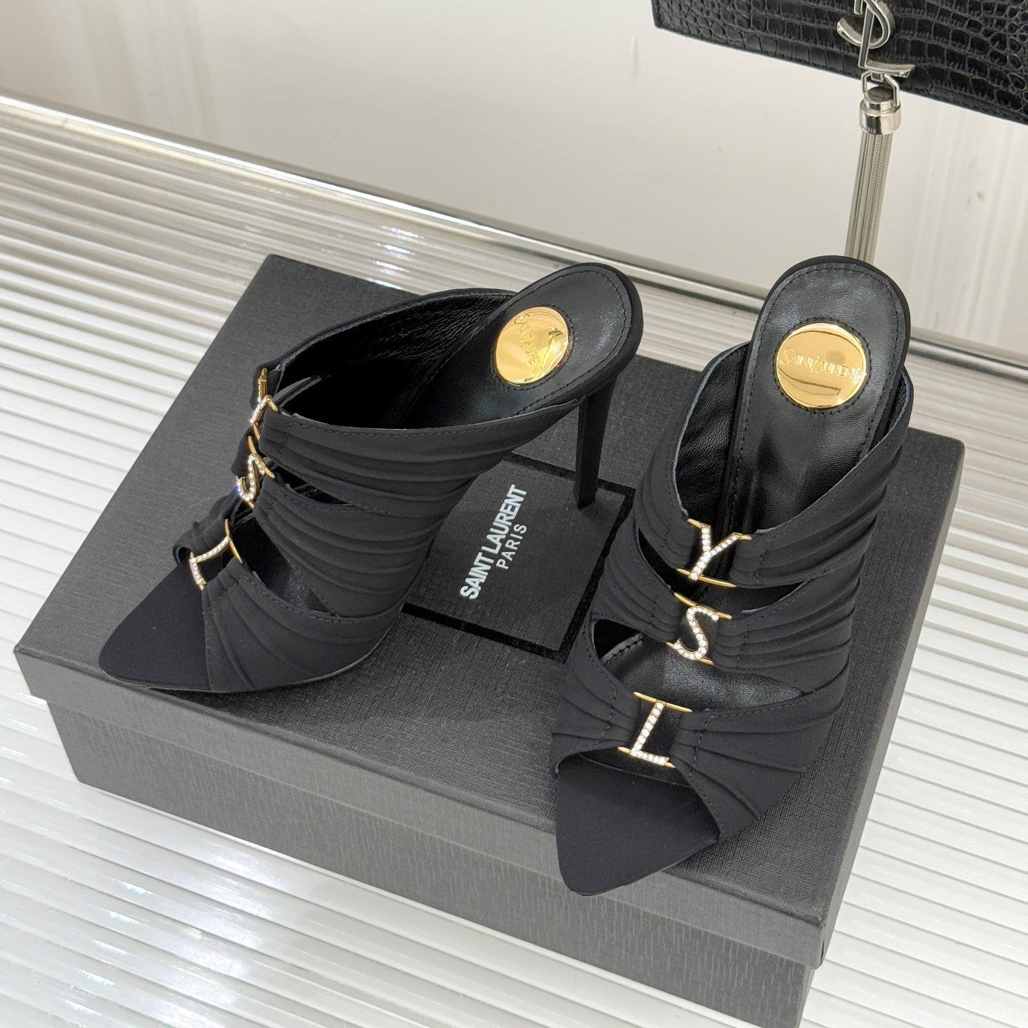 YSL Emilie Stiletto Mule Sandals 11cm Black Satin 642916