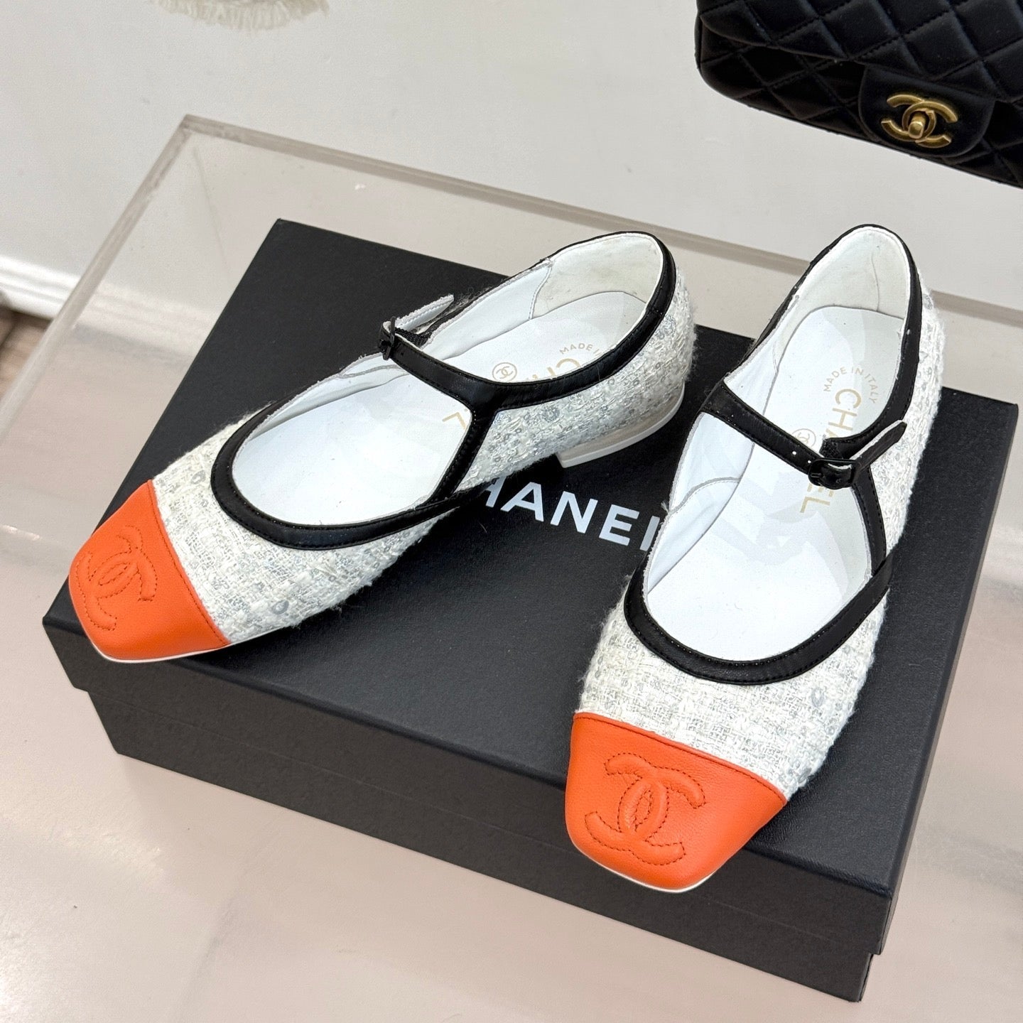 CC 26s Square-Toe Mary Jane Shoes Orange White Tweed Leather 920424