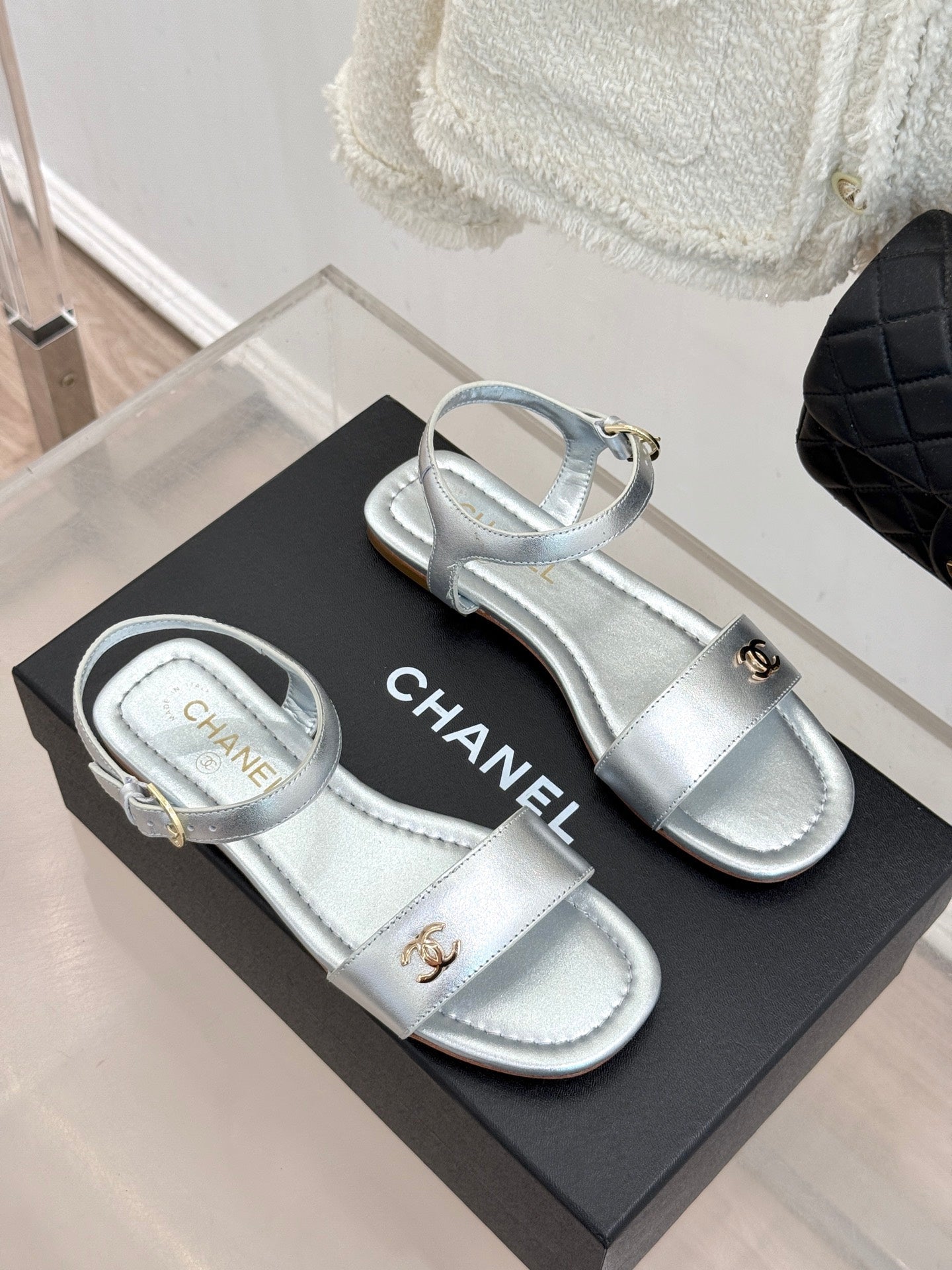 CC 26s Strap Flat Sandals Sliver Lambskin 920329