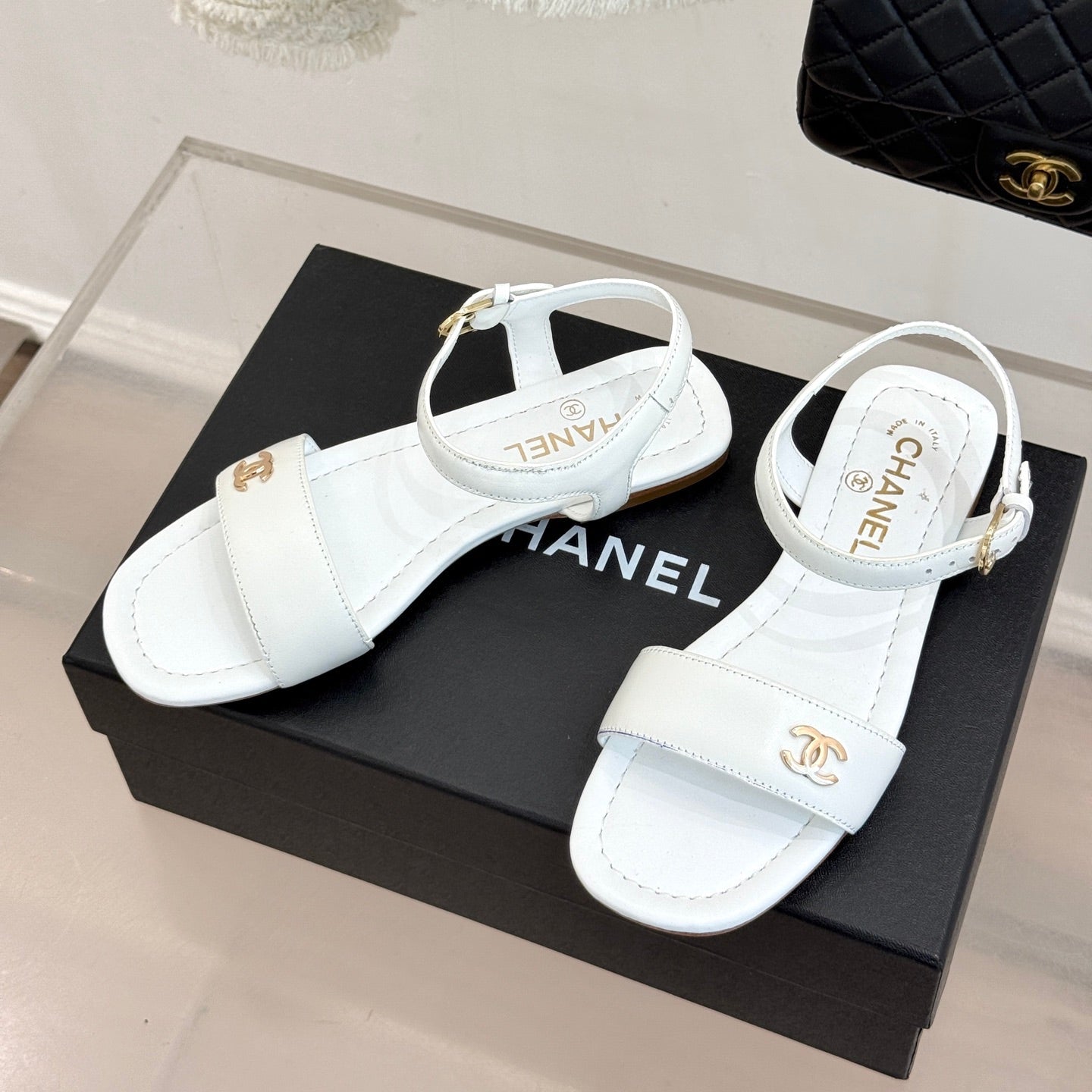 CC 26s Strap Flat Sandals White Lambskin 920334
