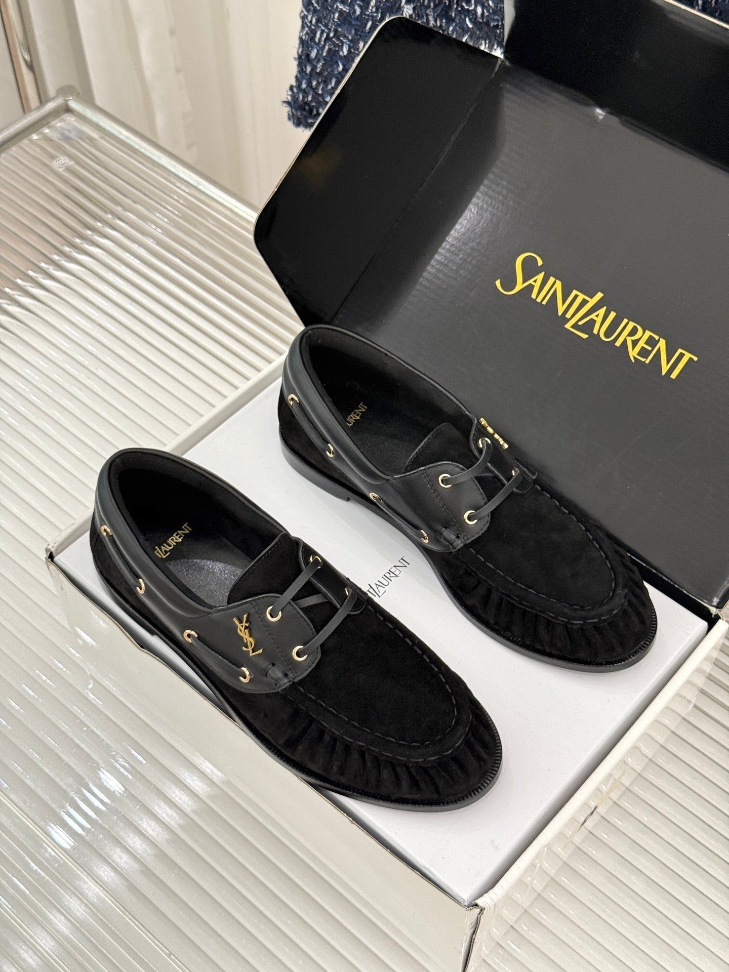 YSL 26s Le Bateau Loafer Black Calfskin Suede 992282