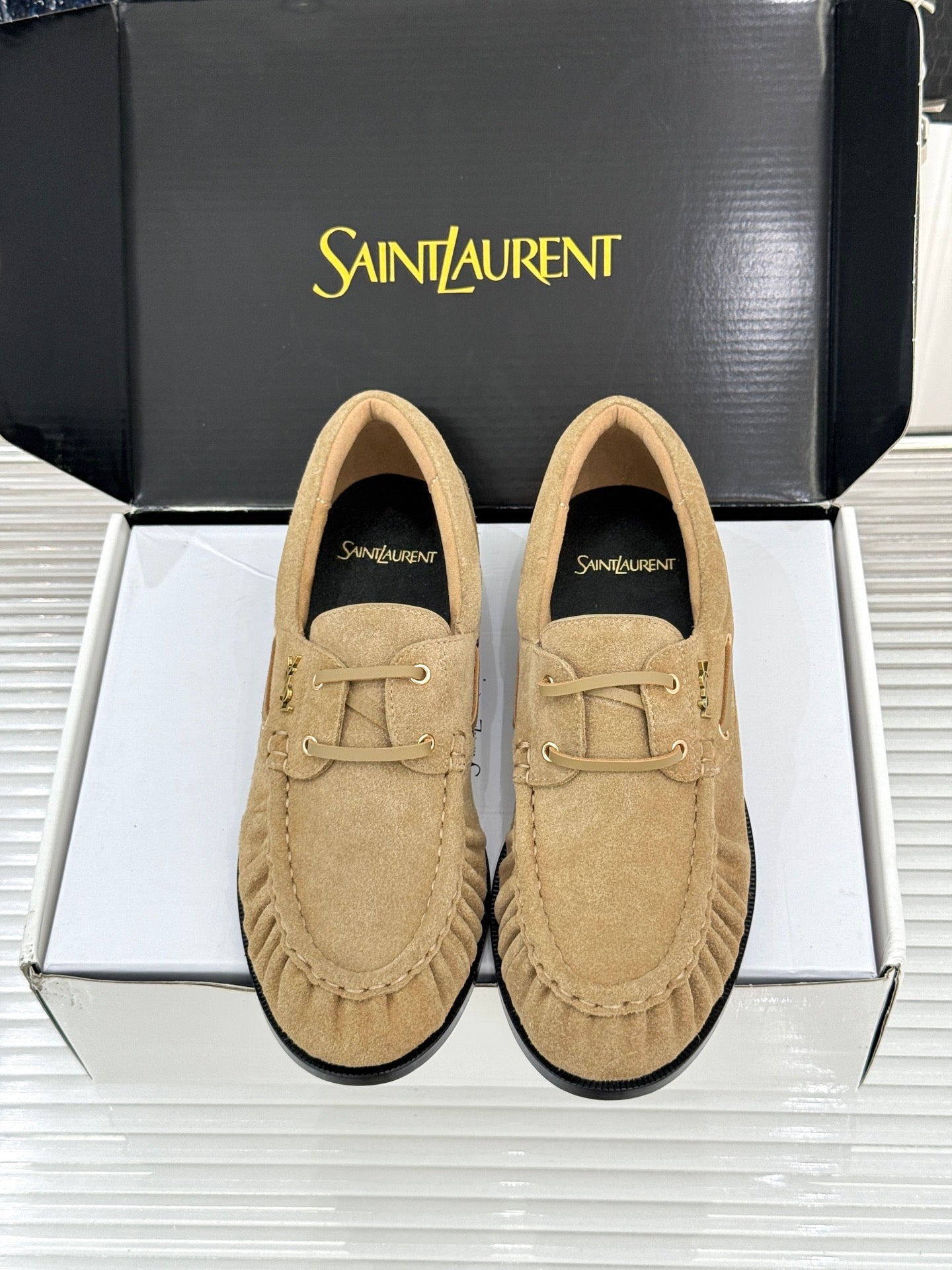 YSL 26s Le Bateau Loafer Beige Suede 992288