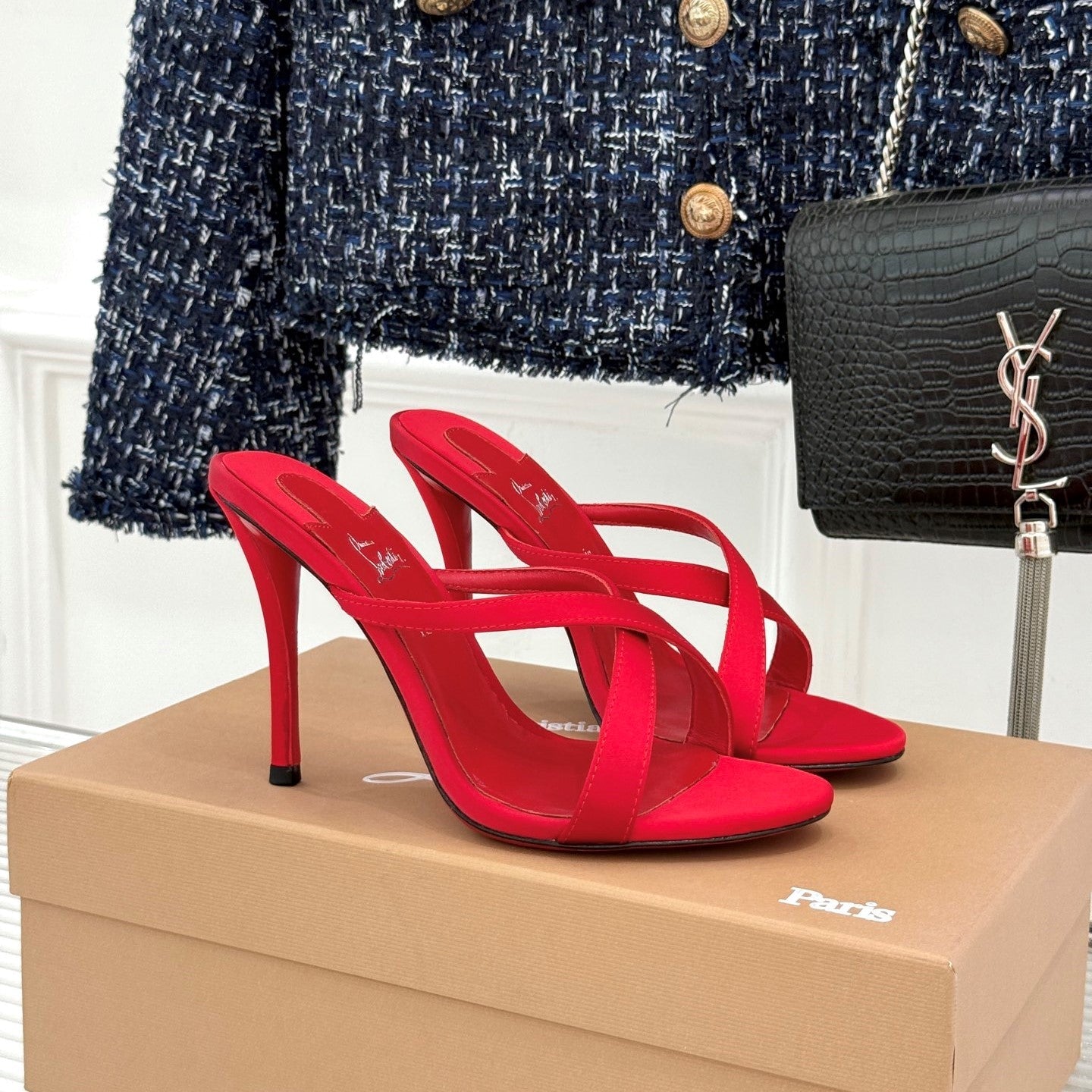 CL 26s Mulazee Cross Mules 8cm Red Satin Leather 991534