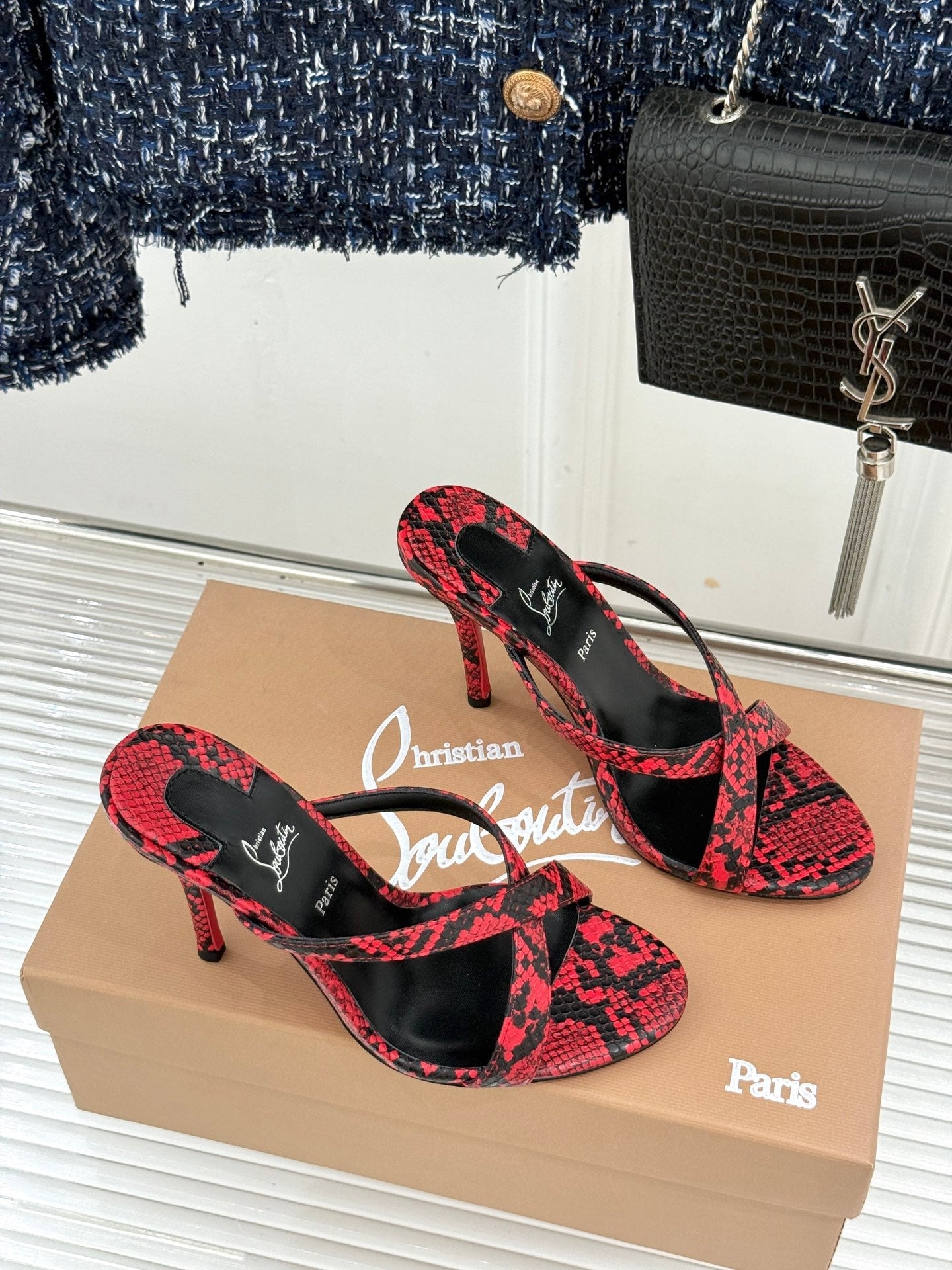 CL 26s Mulazee Cross Mules 8cm Red Black Watersnake Leather 991535