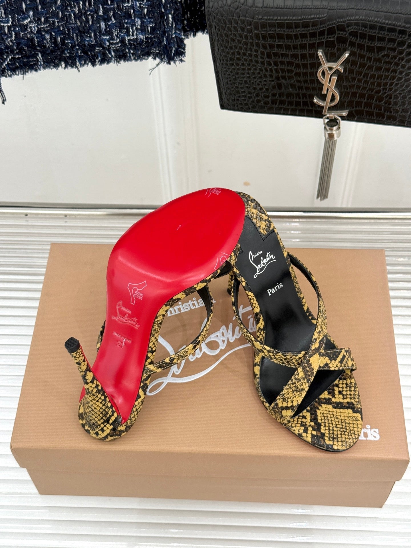 CL 26s Mulazee Cross Mules 8cm Yellow Black Watersnake Leather 991538