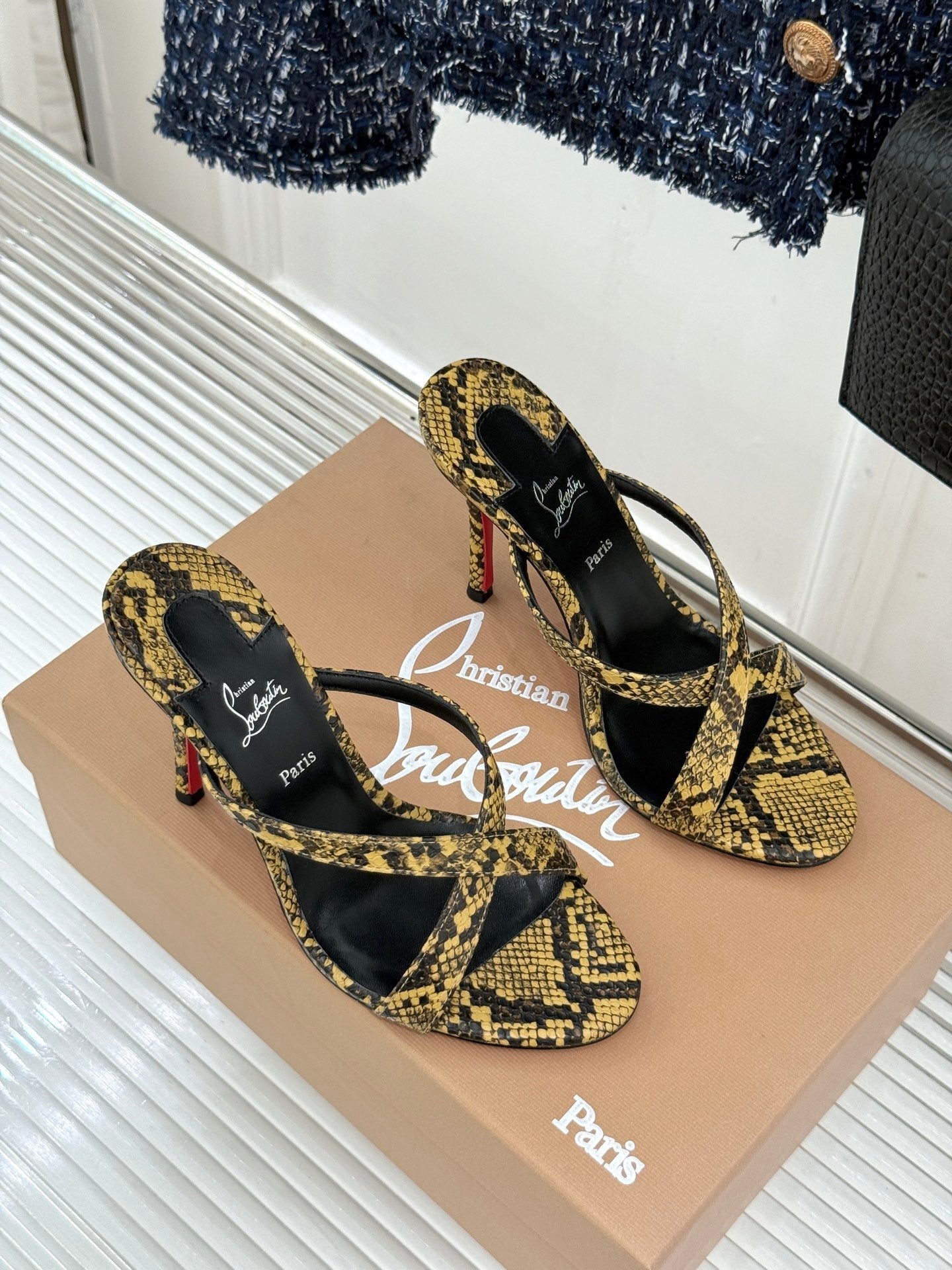 CL 26s Mulazee Cross Mules 8cm Yellow Black Watersnake Leather 991538