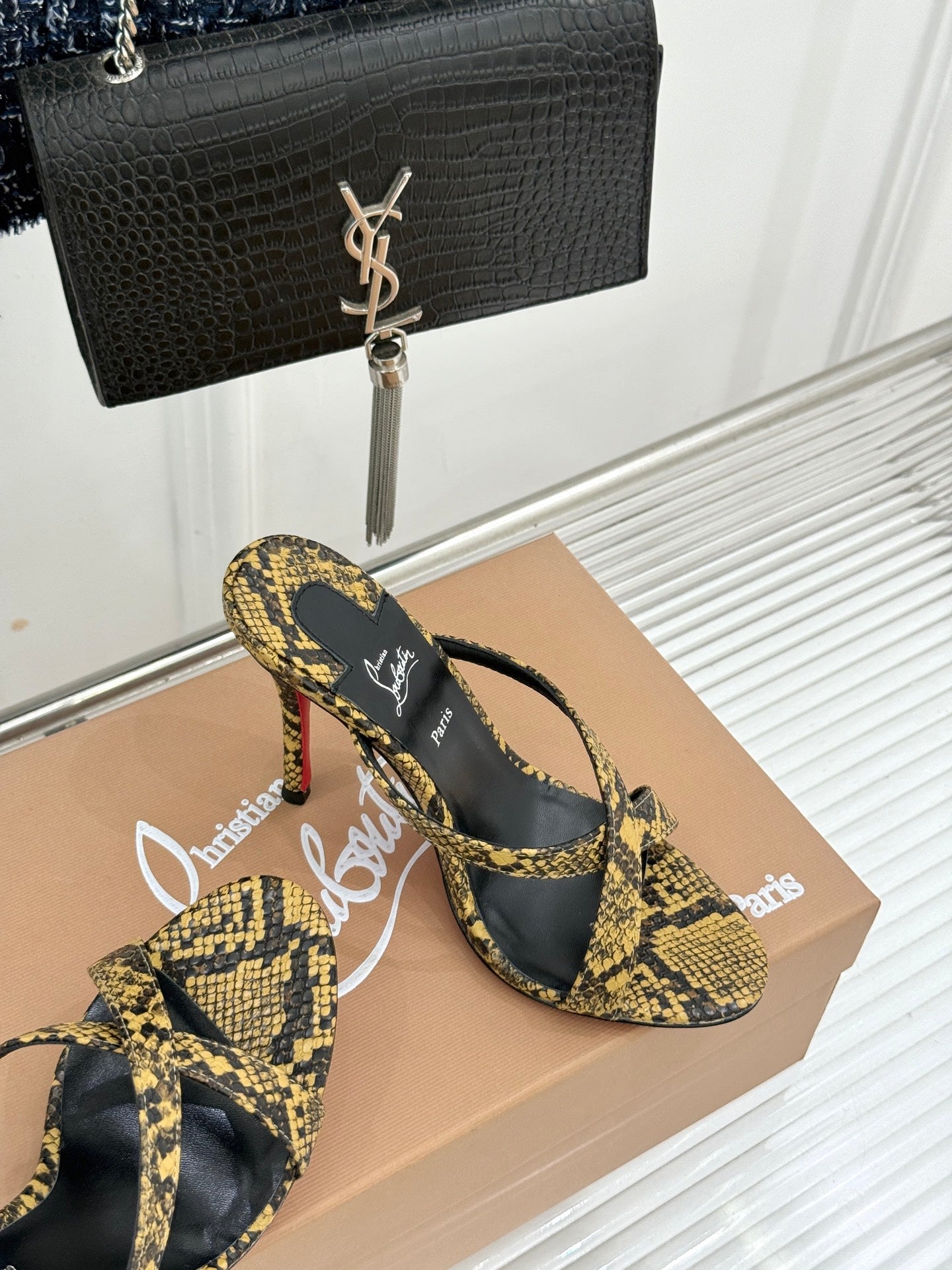 CL 26s Mulazee Cross Mules 8cm Yellow Black Watersnake Leather 991538