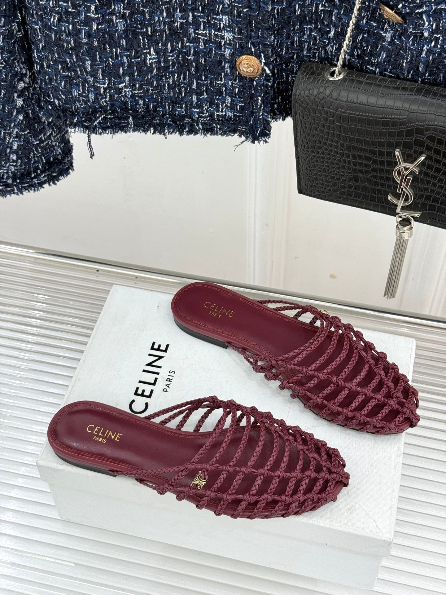 Celine 26s Scoobie Braided Mules Burgundy Lambskin 991453