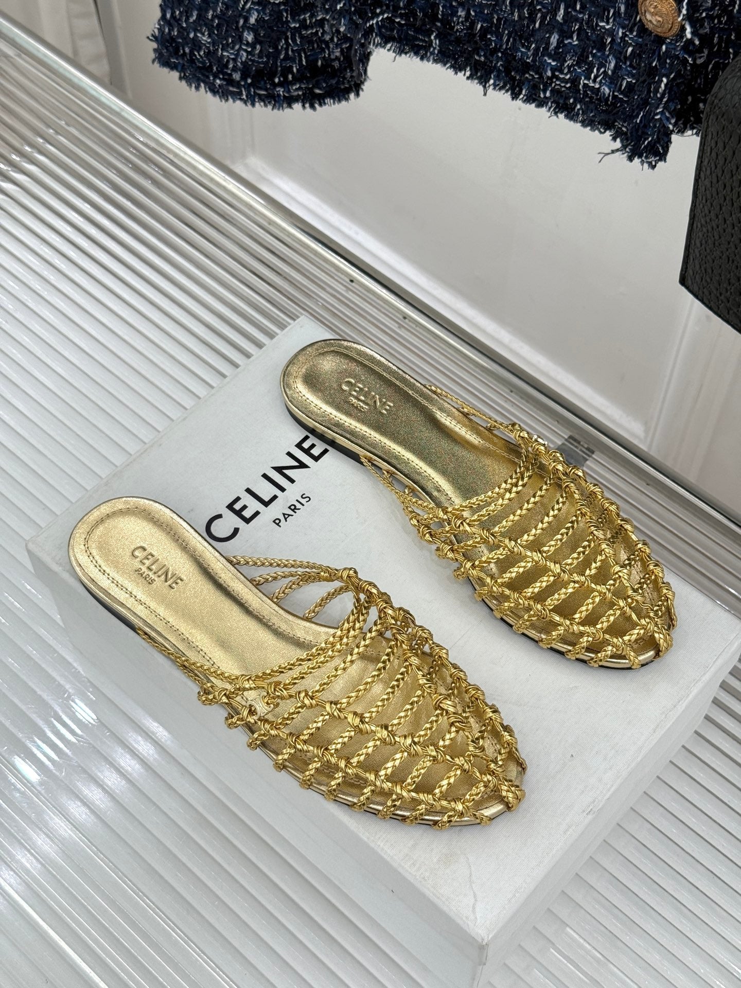 Celine 26s Scoobie Braided Mules Gold Lambskin 991454
