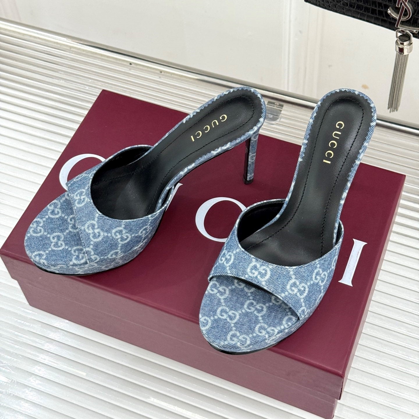 GG 26s Sorbetto Slide Sandal 12cm Blue Canvas 991739