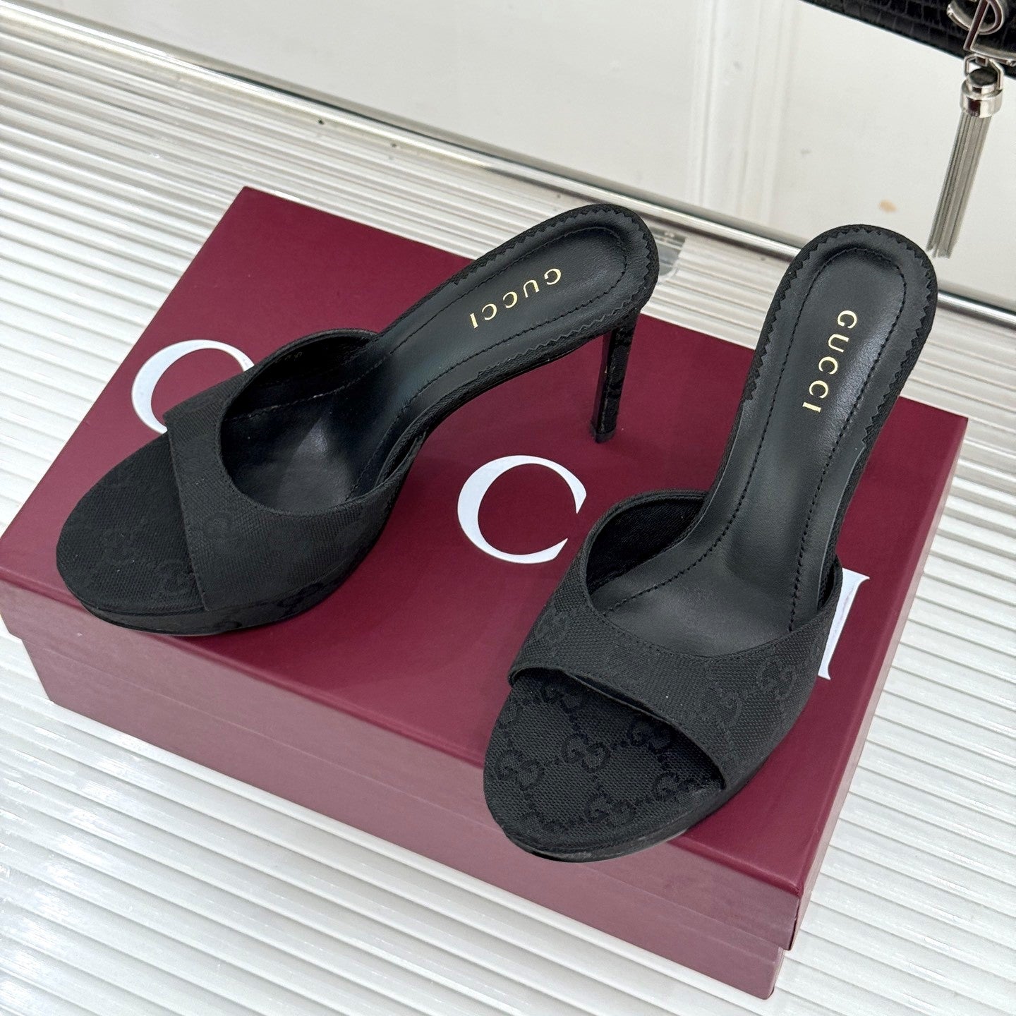 GG 26s Sorbetto Slide Sandal 12cm Black Canvas 991742