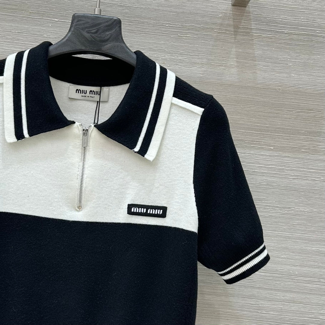 Miu Miu 25 Polo Collar Short-sleeved Top Black White Tencel