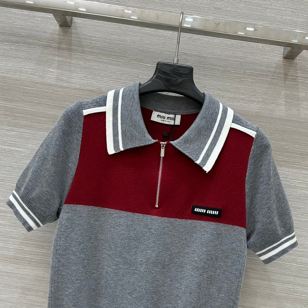Miu Miu 25 Polo Collar Short-sleeved Top Gray red Tencel