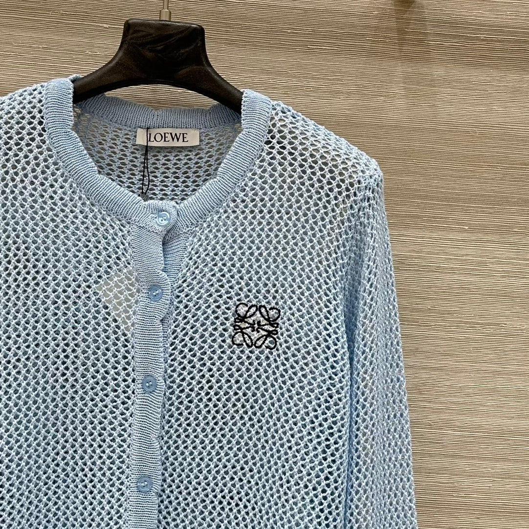 Loewe 25 Mesh Hollow Knitted Cardigan Blue Wool