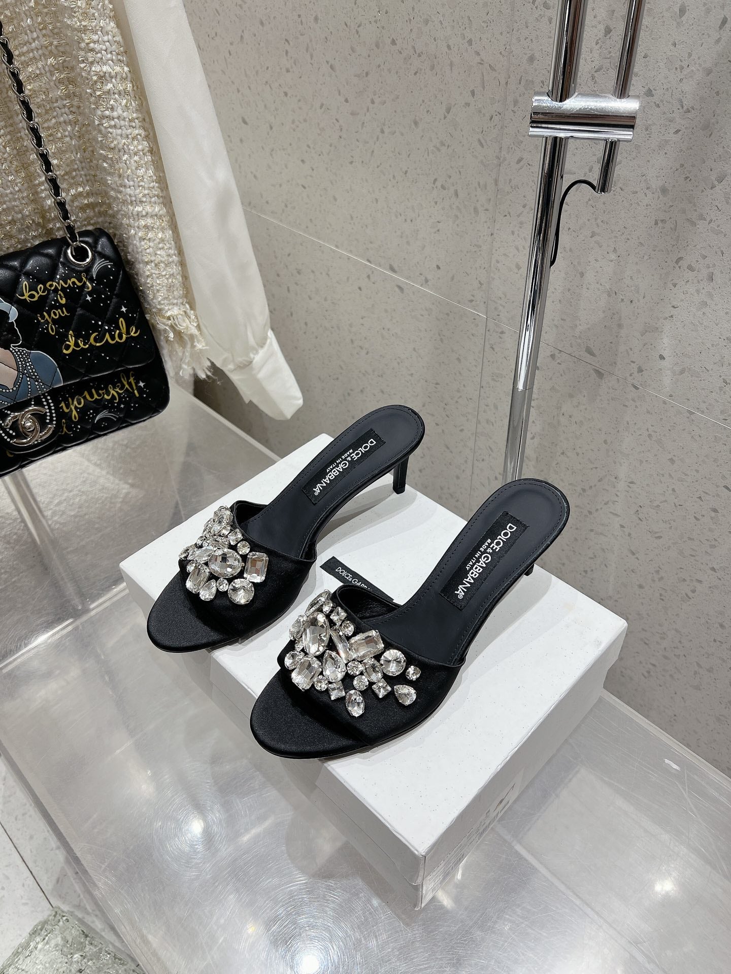DC Crystal Mules 60mm Black Silk & Sheepskin 359516