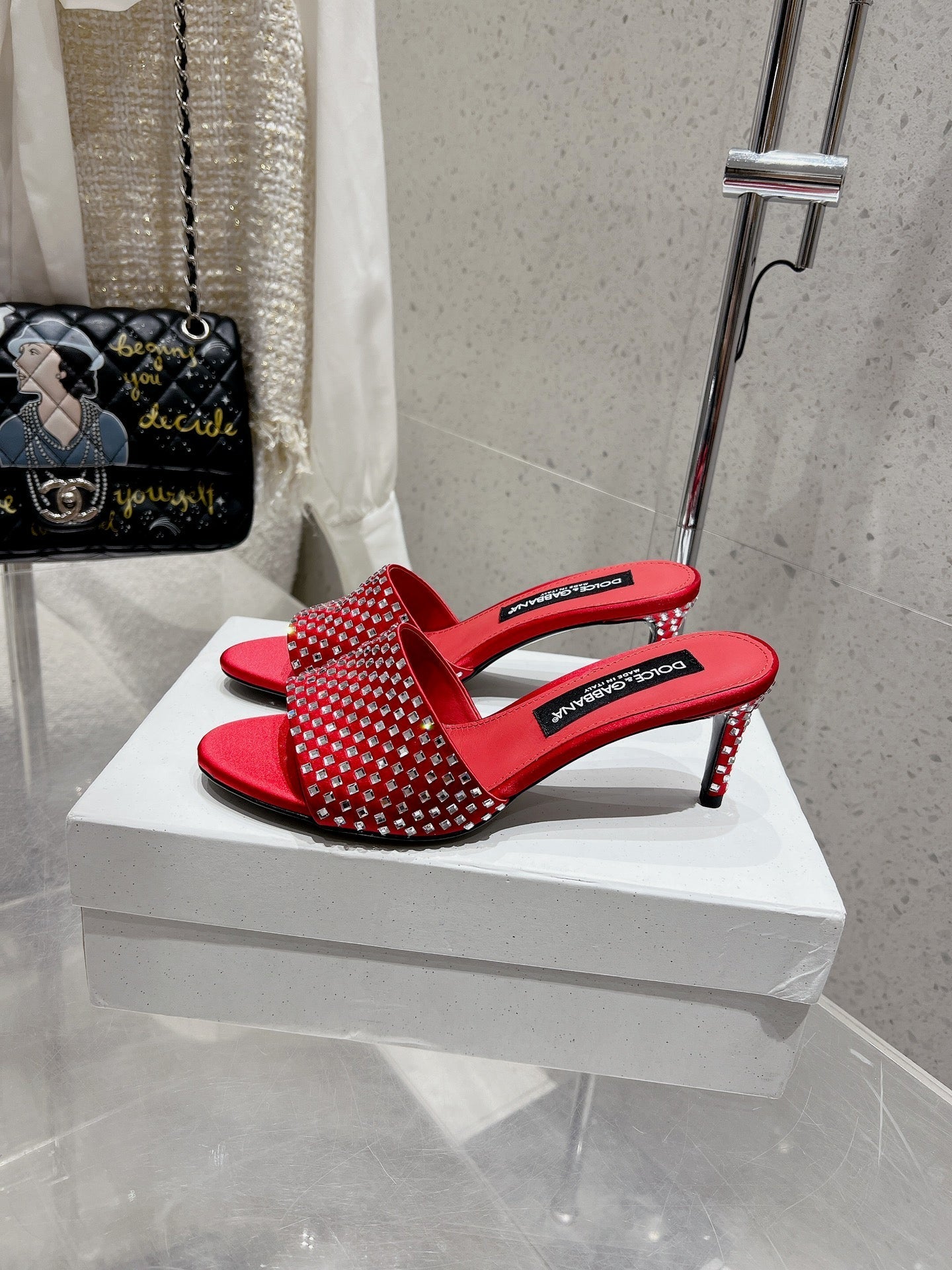 DC Rhinestone Mules 65mm Red Silk & Sheepskin 359515