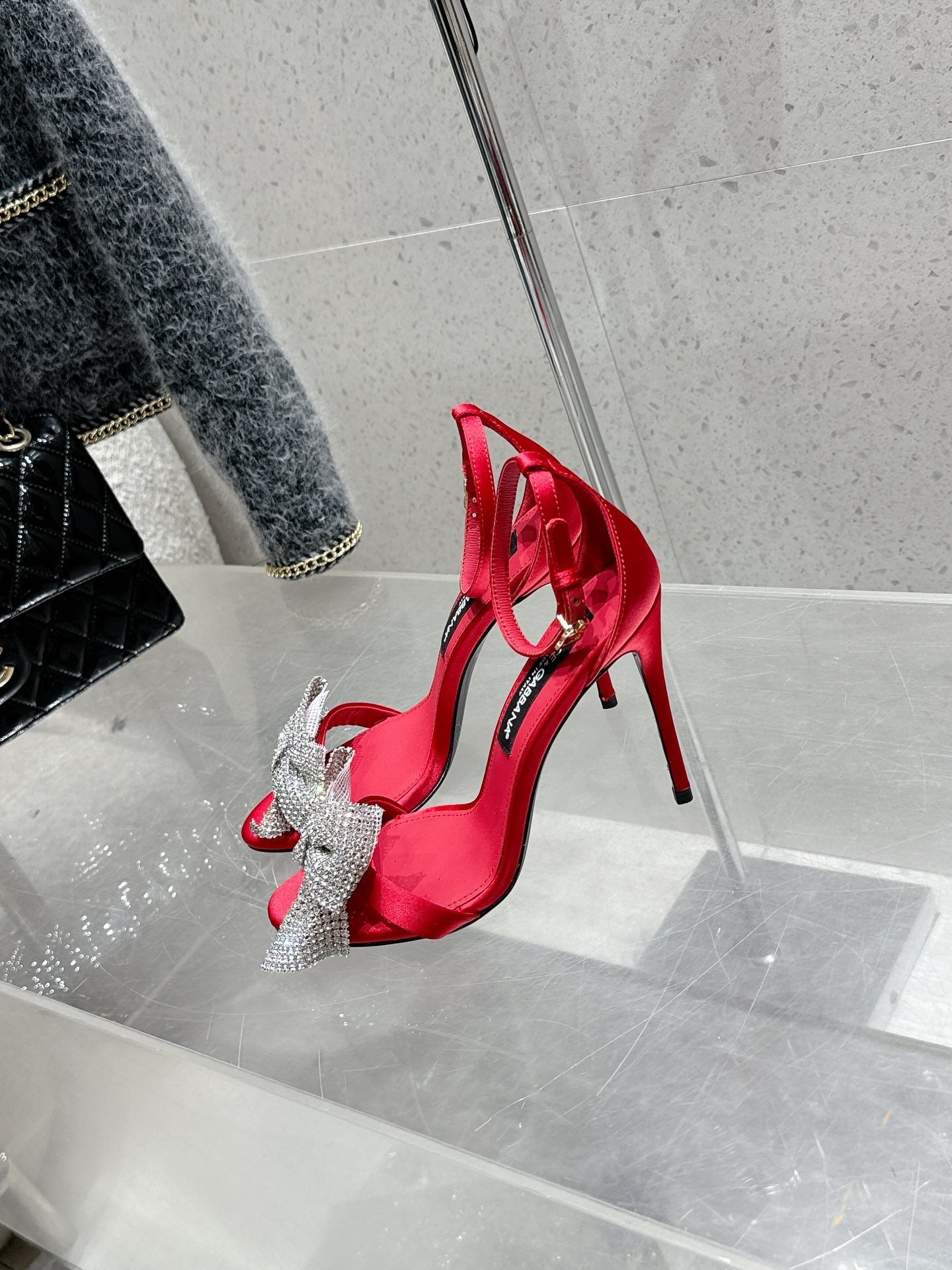 DC Rhinestone Bow Heel Sandals 105mm Red Satin & Sheepskin 359508