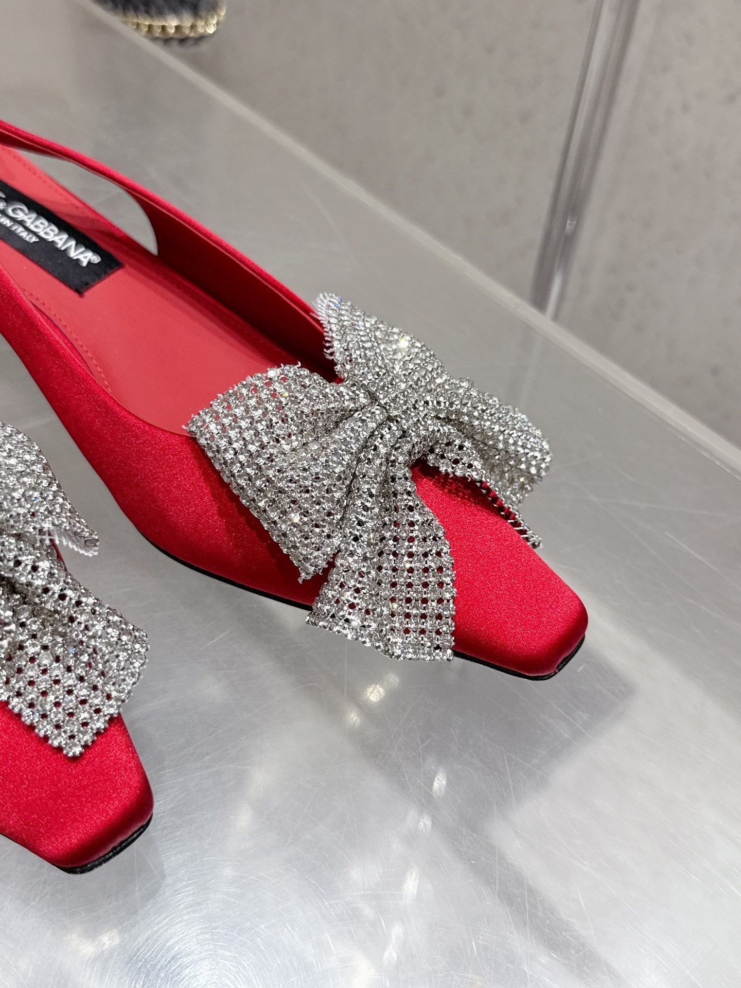 DC 25 Rhinestone Bow Slingback Pumps 40mm Red Silk & Sheepskin Sheepskin 359512