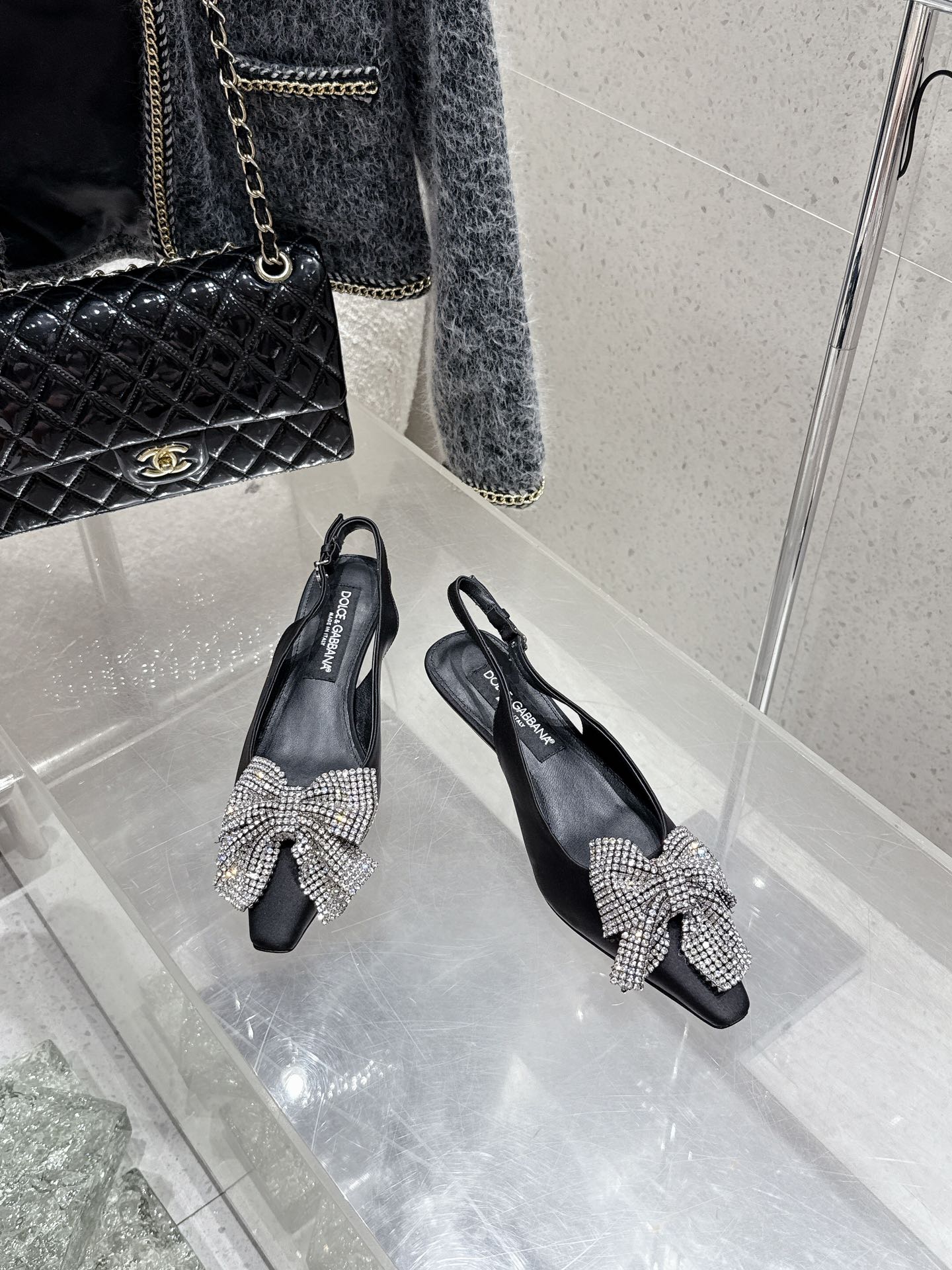 DC 25 Rhinestone Bow Slingback Pumps 40mm Black Silk & Sheepskin 359513