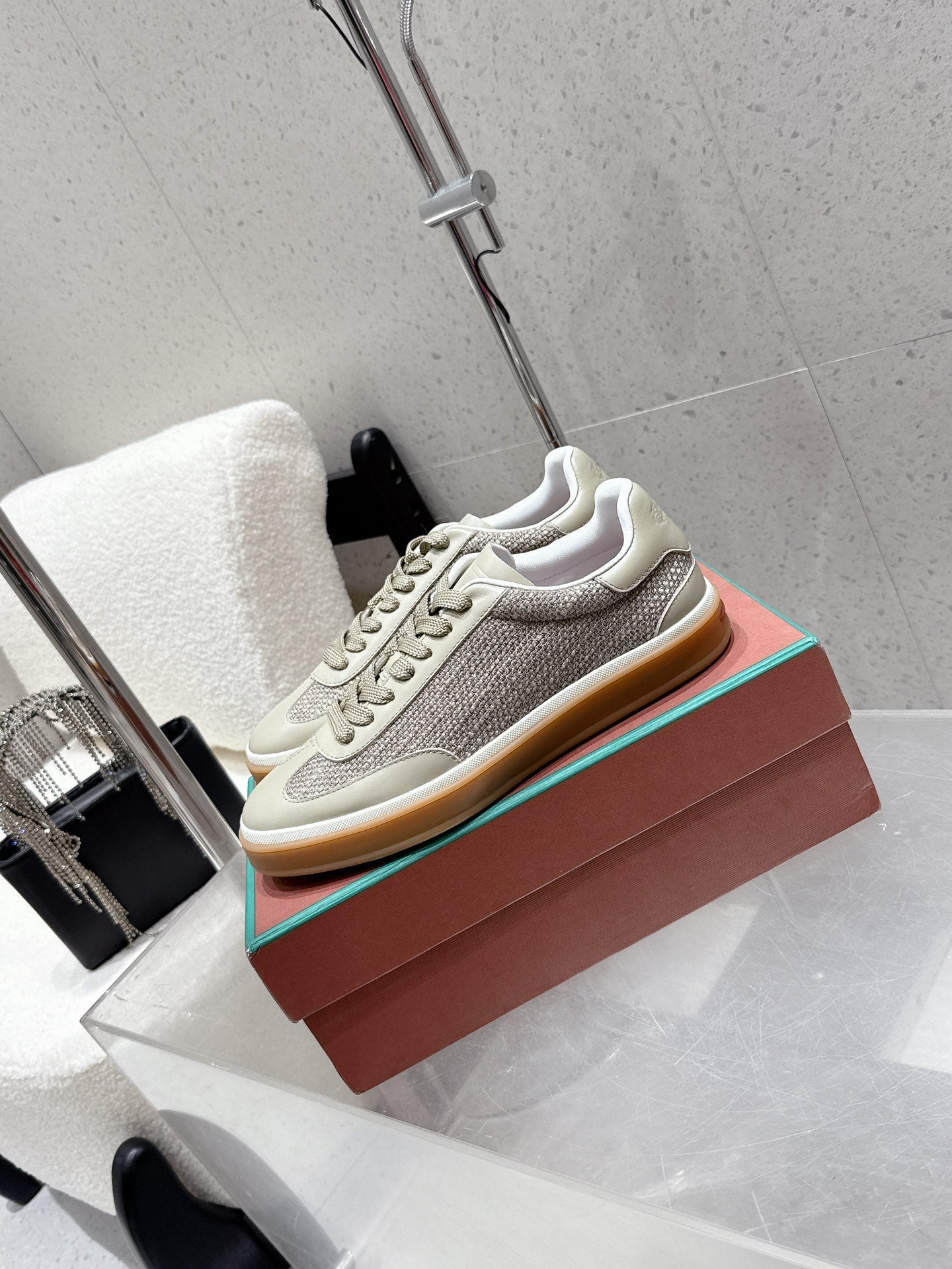 LP Tennis Walk Sneaker Muted Beige-Gray Cowhide Cotton 513538