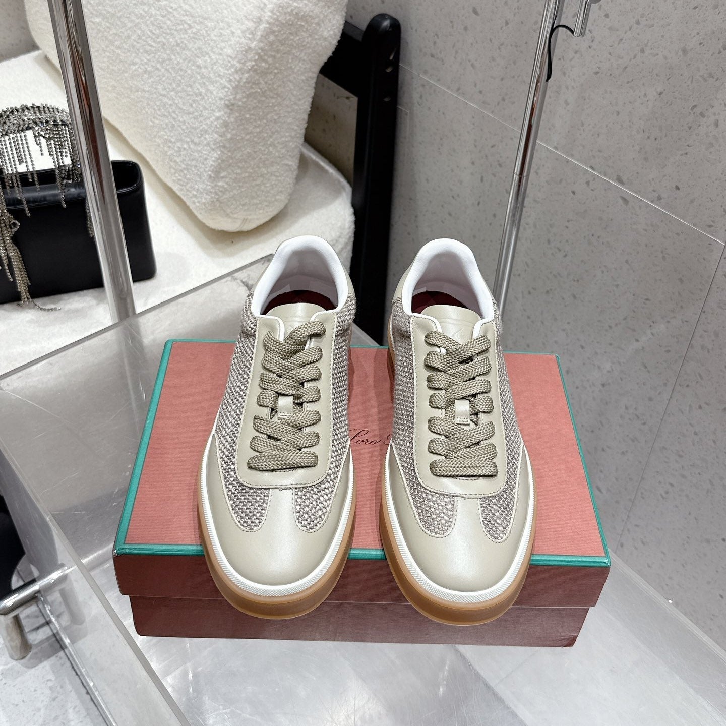 LP Tennis Walk Sneaker Muted Beige-Gray Cowhide Cotton 513538