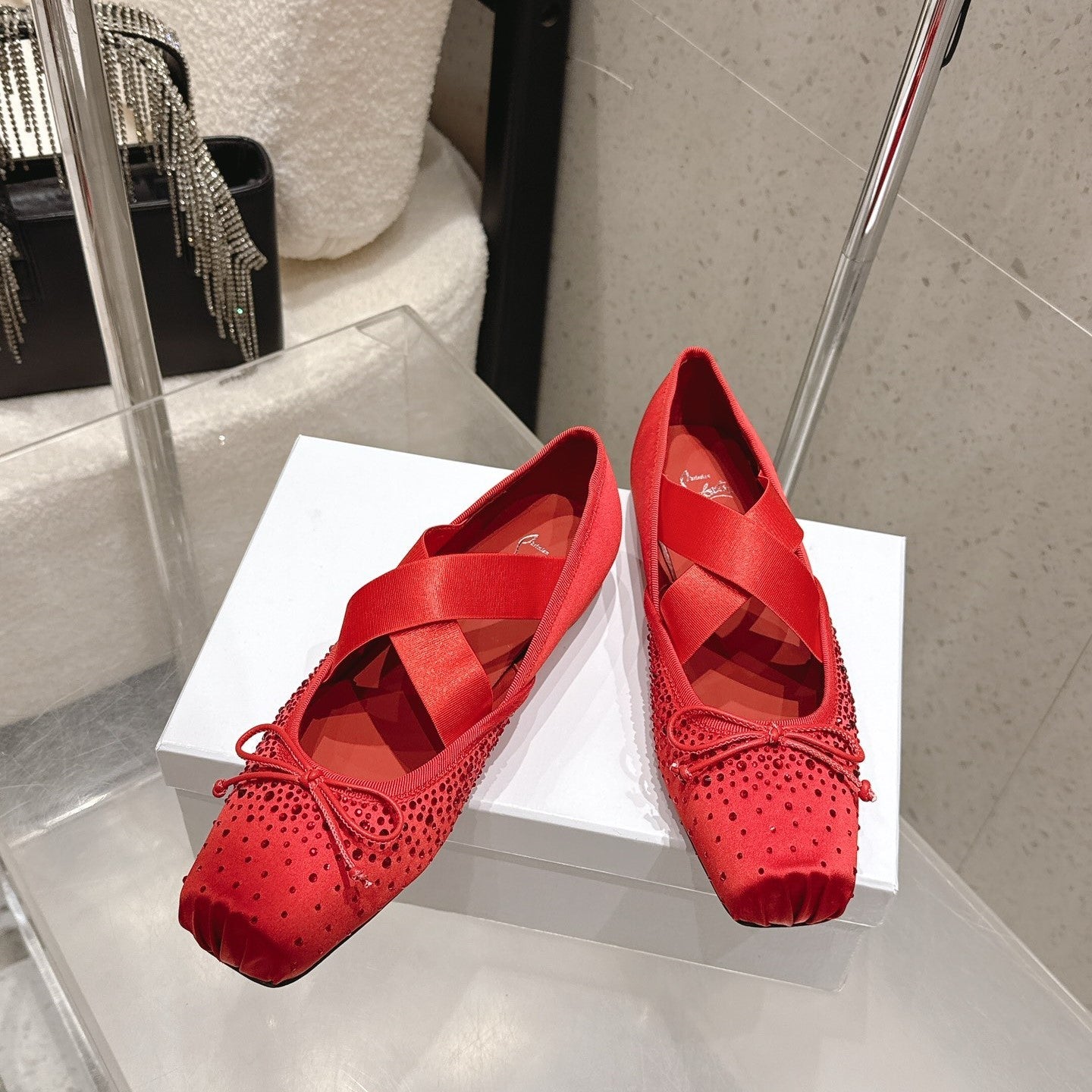CL Ballet Butterfly Ballet Flats Diamond-Embellished Red Satin 610812