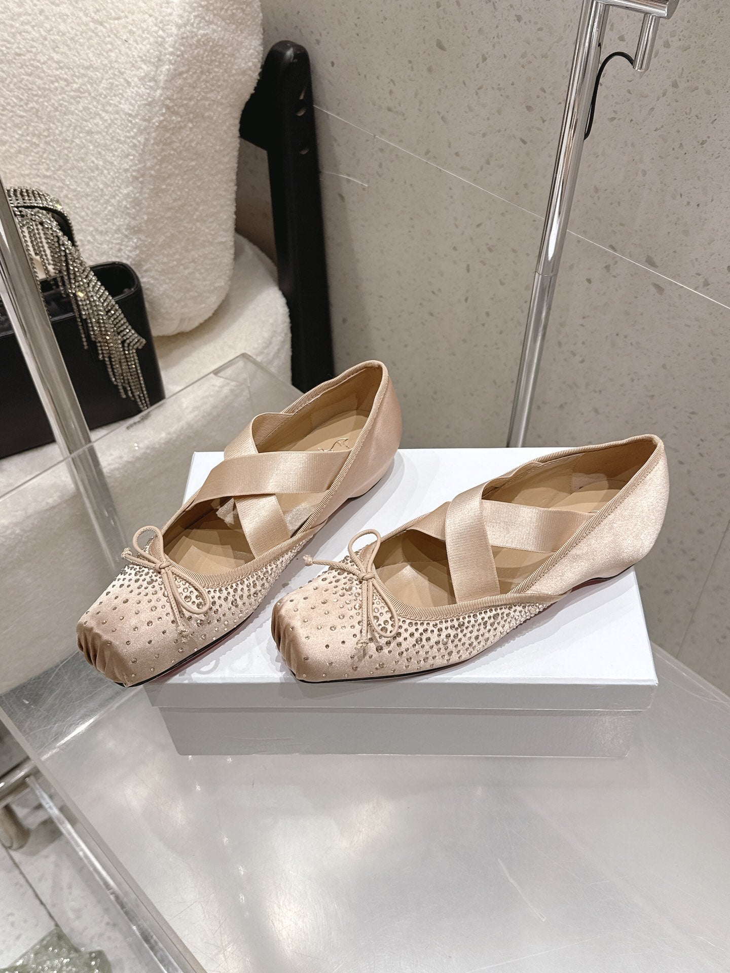 CL Ballet Butterfly Ballet Flats Diamond-Embellished Beige Satin 610813
