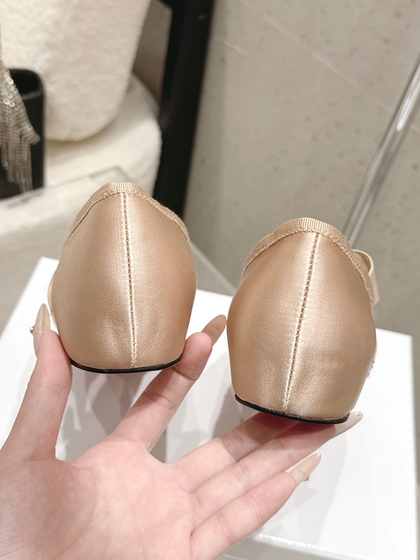 CL Ballet Butterfly Ballet Flats Diamond-Embellished Beige Satin 610813