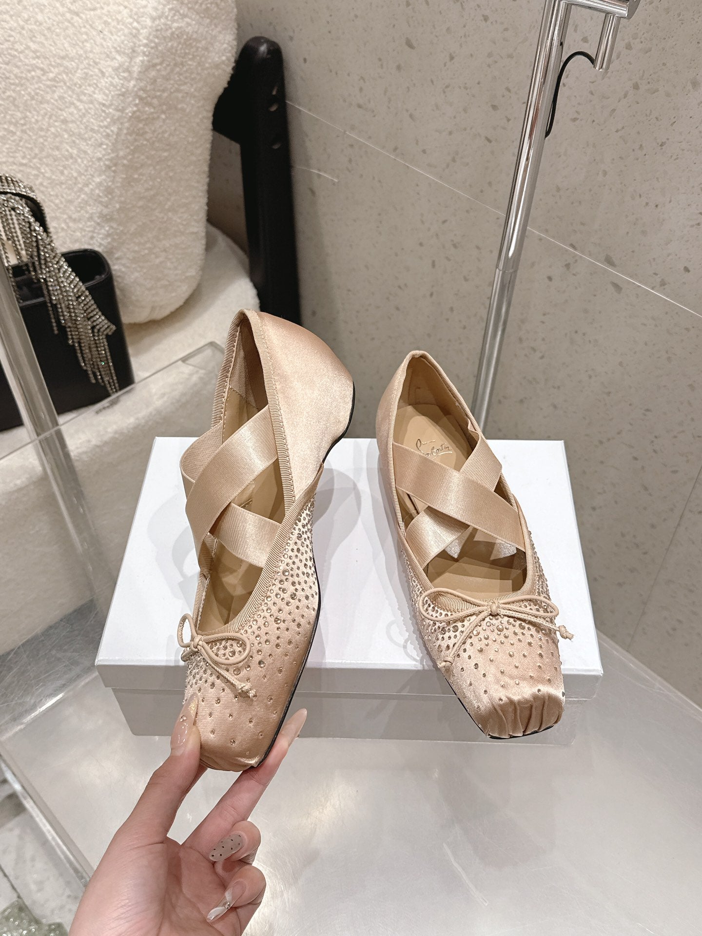 CL Ballet Butterfly Ballet Flats Diamond-Embellished Beige Satin 610813