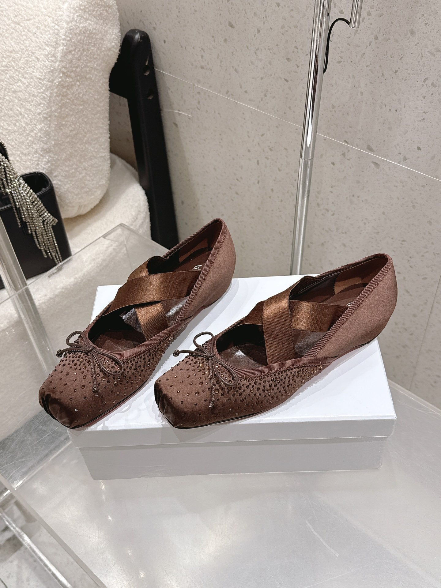 CL Ballet Butterfly Ballet Flats Diamond-Embellished Brown Satin 610814