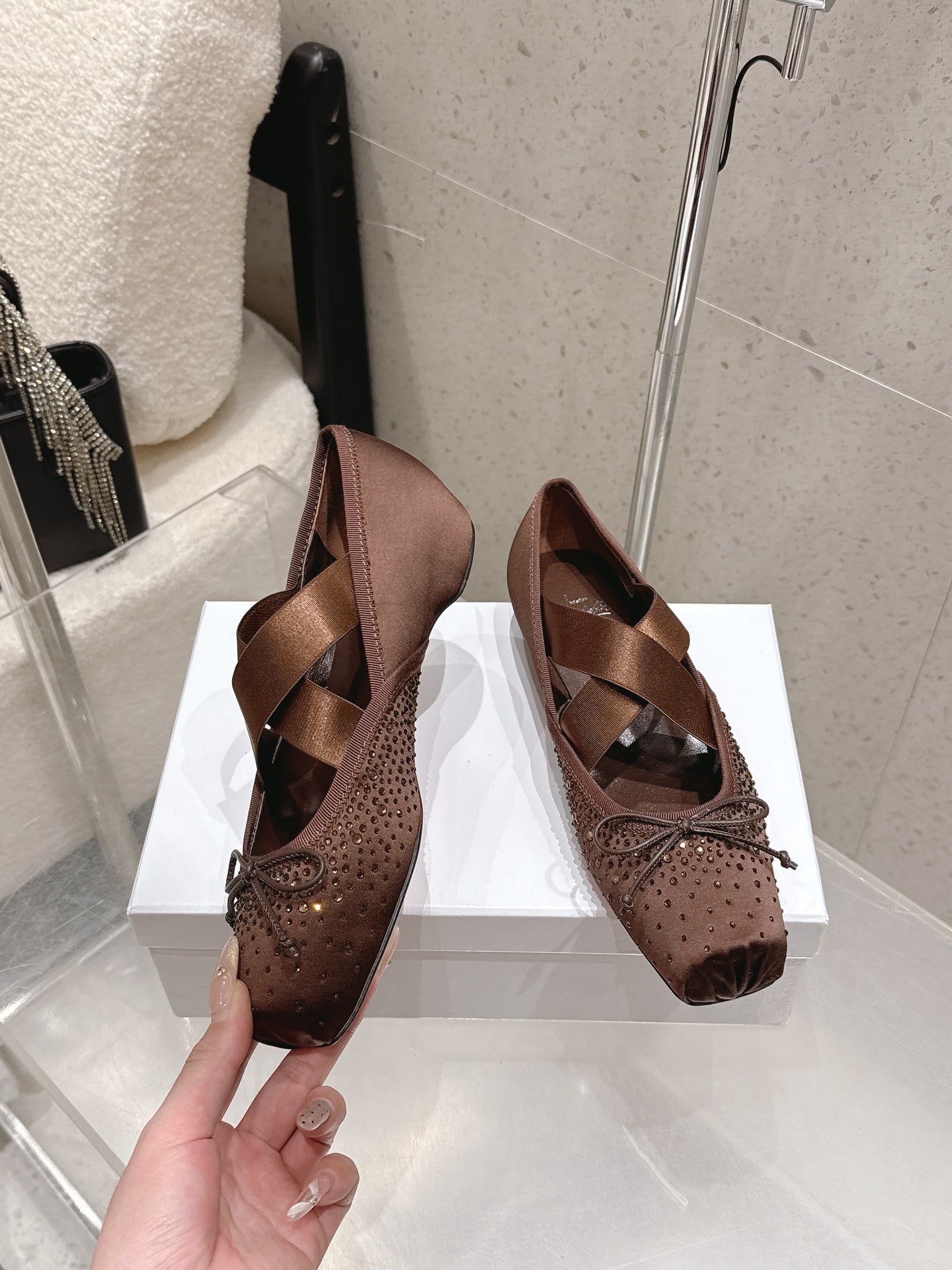 CL Ballet Butterfly Ballet Flats Diamond-Embellished Brown Satin 610814