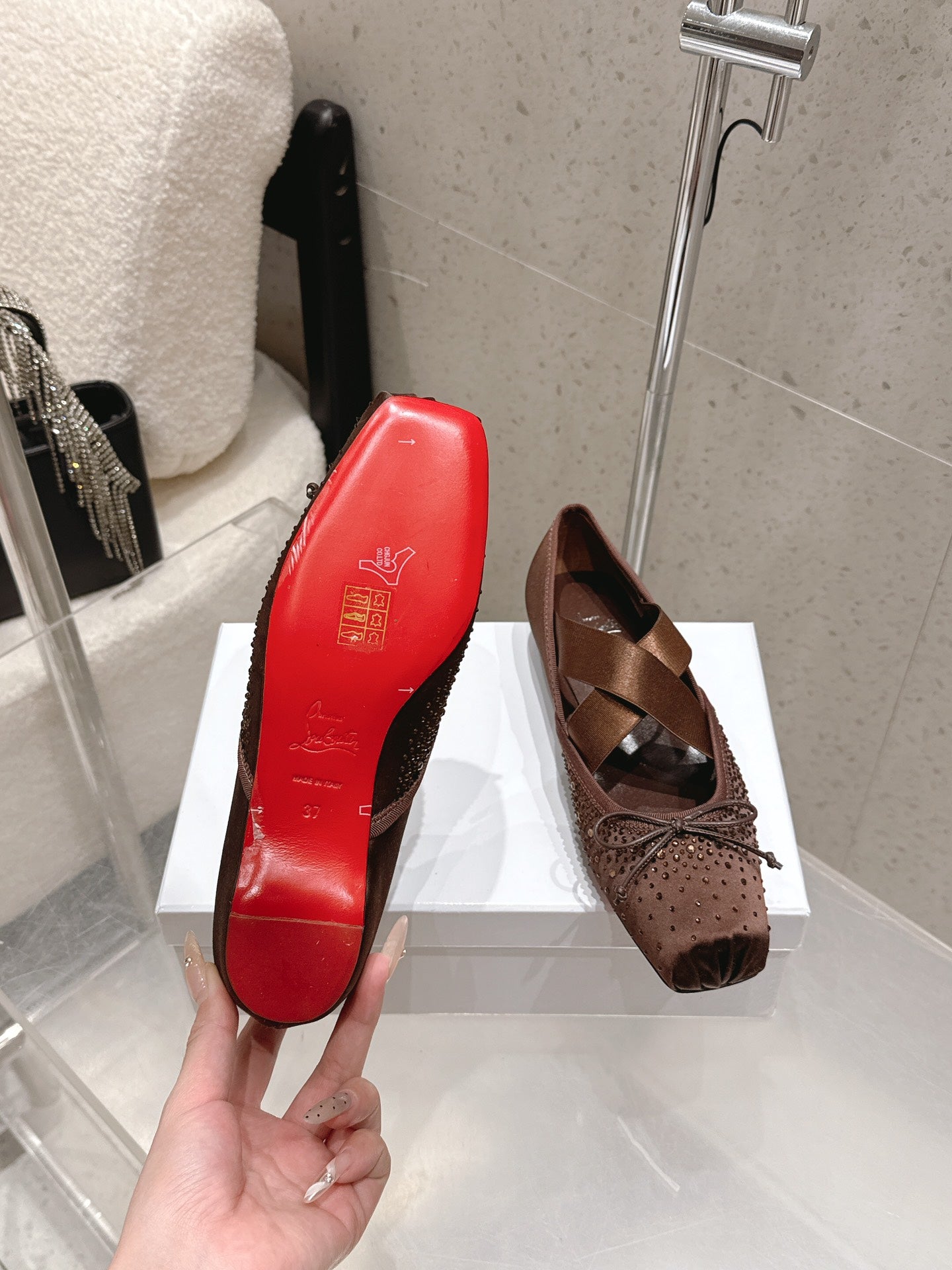 CL Ballet Butterfly Ballet Flats Diamond-Embellished Brown Satin 610814