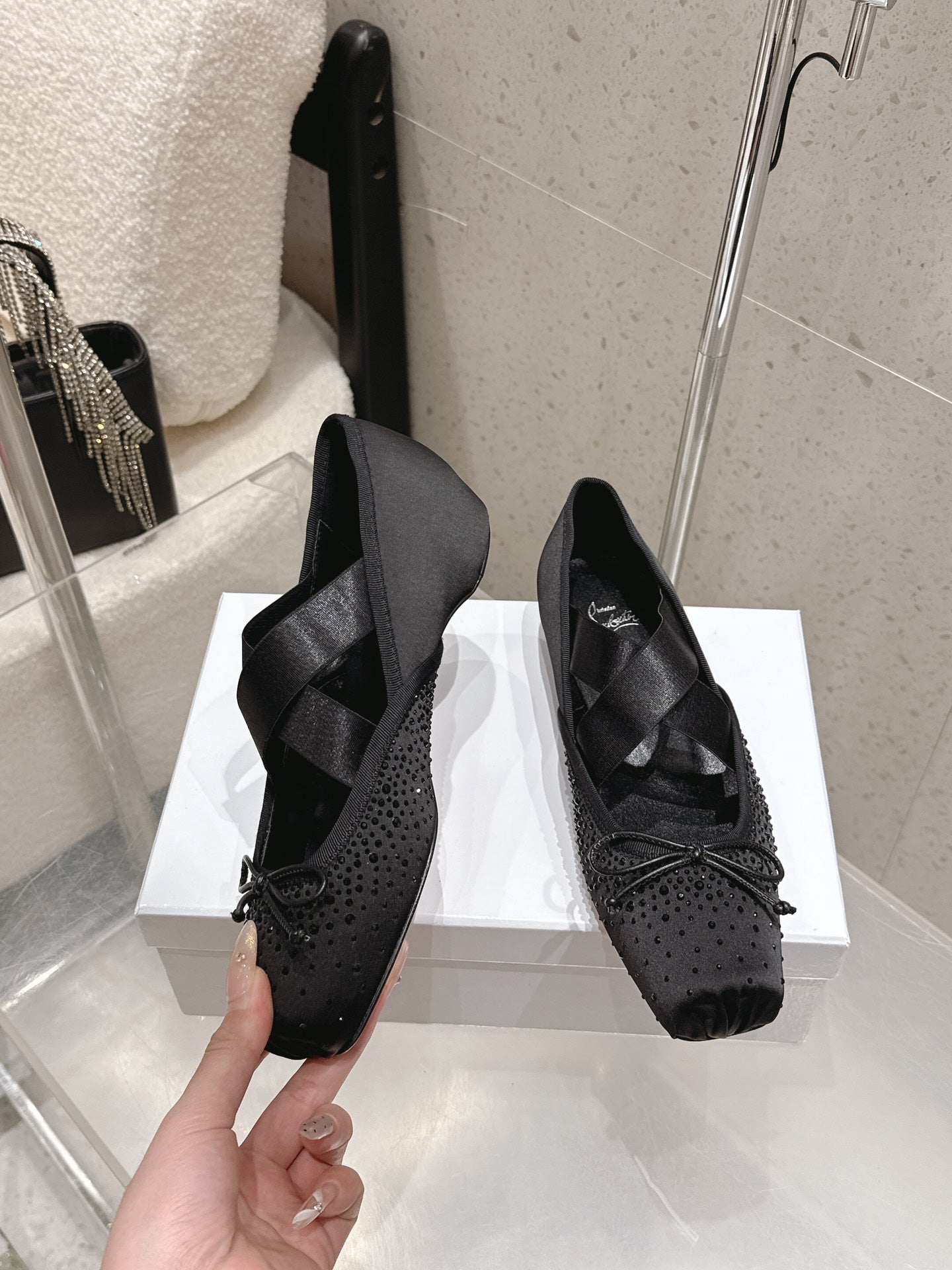 CL Ballet Butterfly Ballet Flats Diamond-Embellished Black Satin 610815