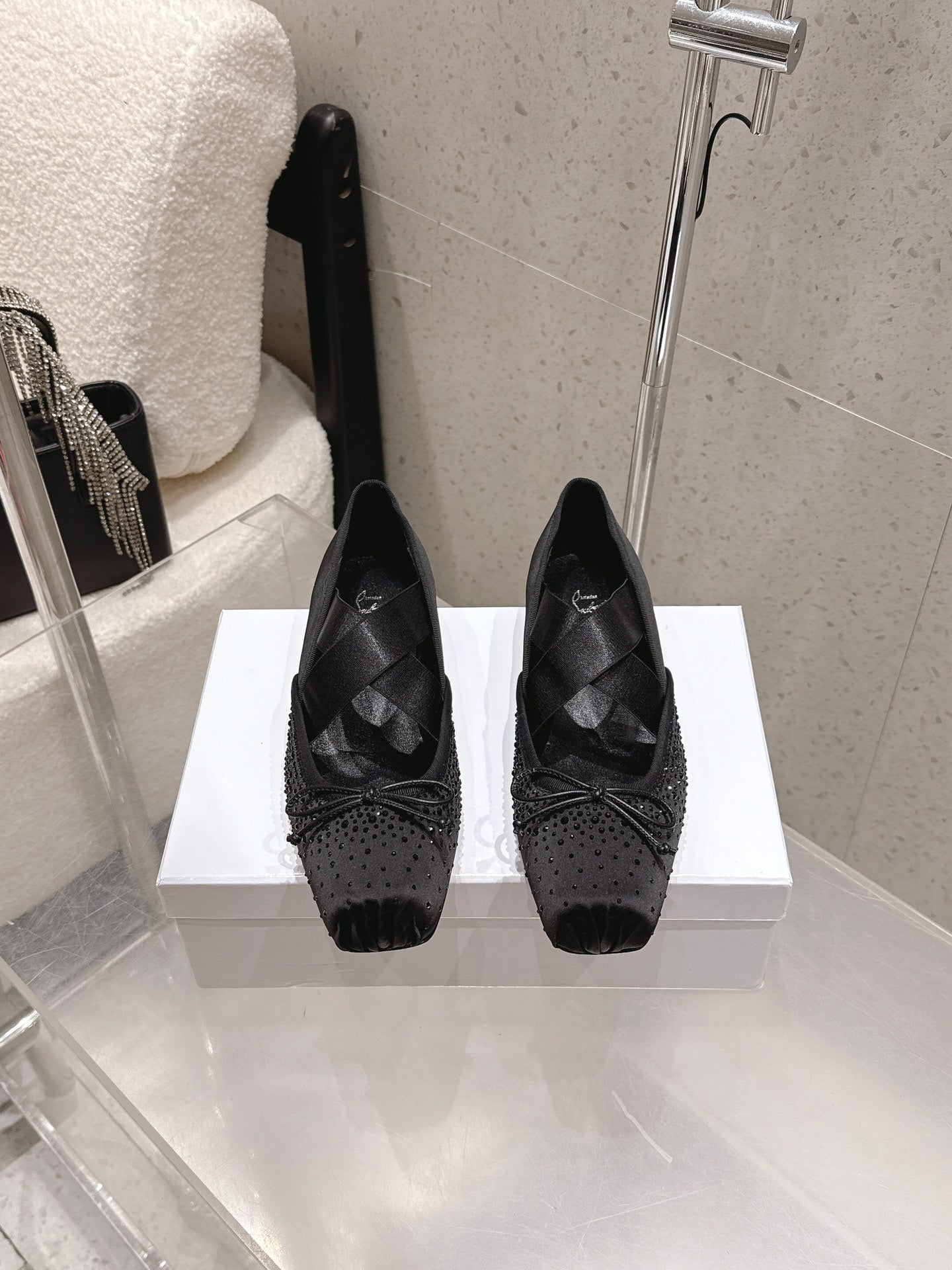 CL Ballet Butterfly Ballet Flats Diamond-Embellished Black Satin 610815