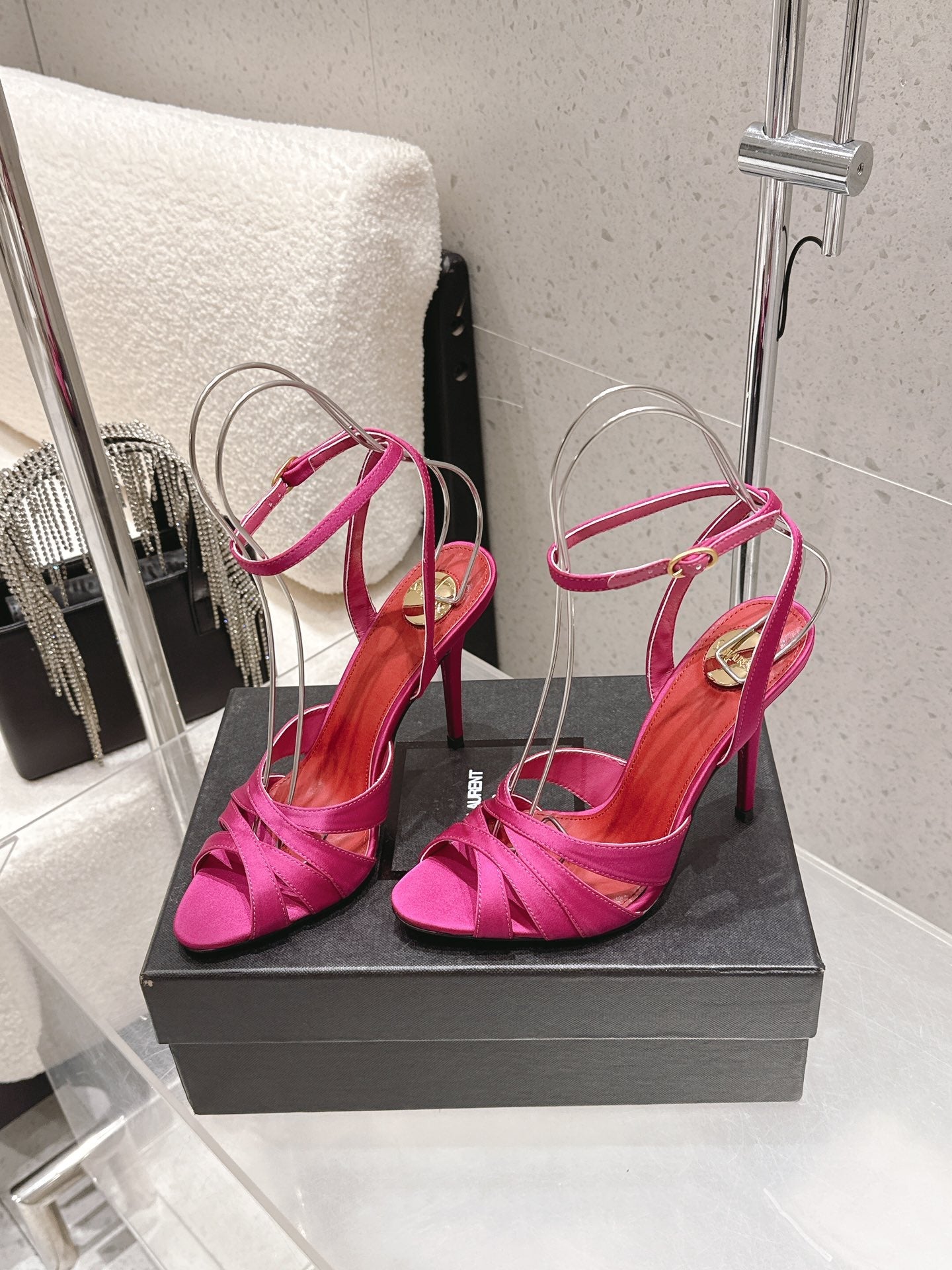 YSL Chandelle Sandals 10.5 Hot Pink Red Satin 610693