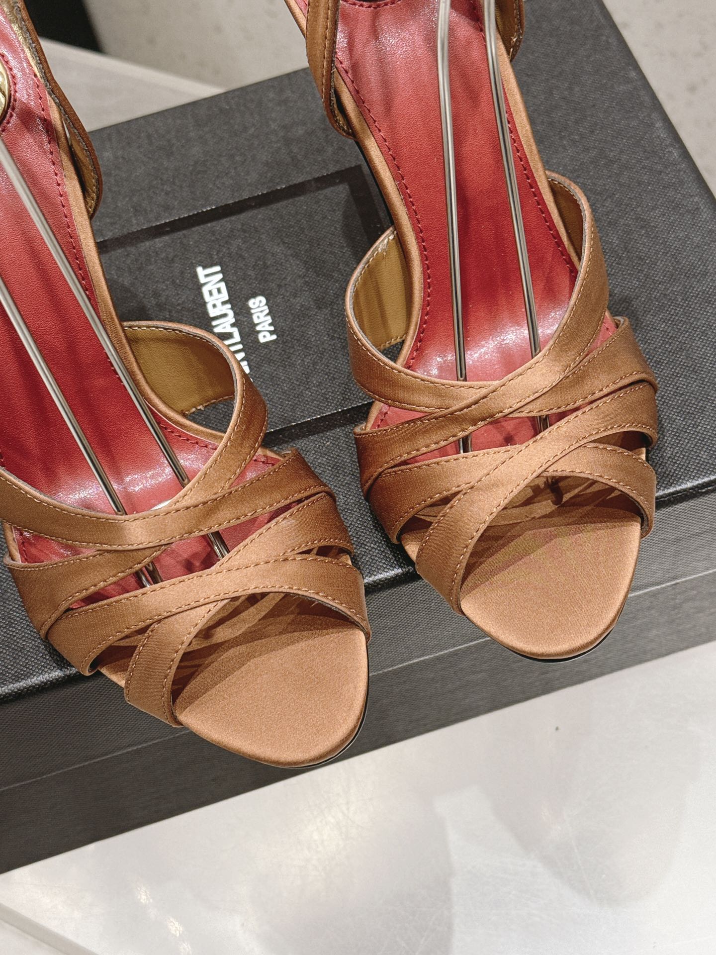 YSL Chandelle Sandals 10.5 Brown Red Satin 610695