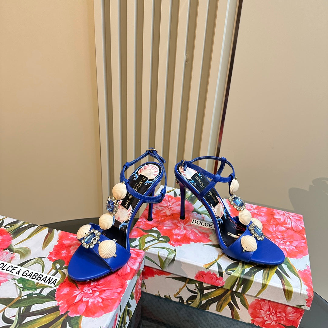 DC 24 Shell Rhinestone High Heel Sandals Blue Cowhide & Sheepskin 946159