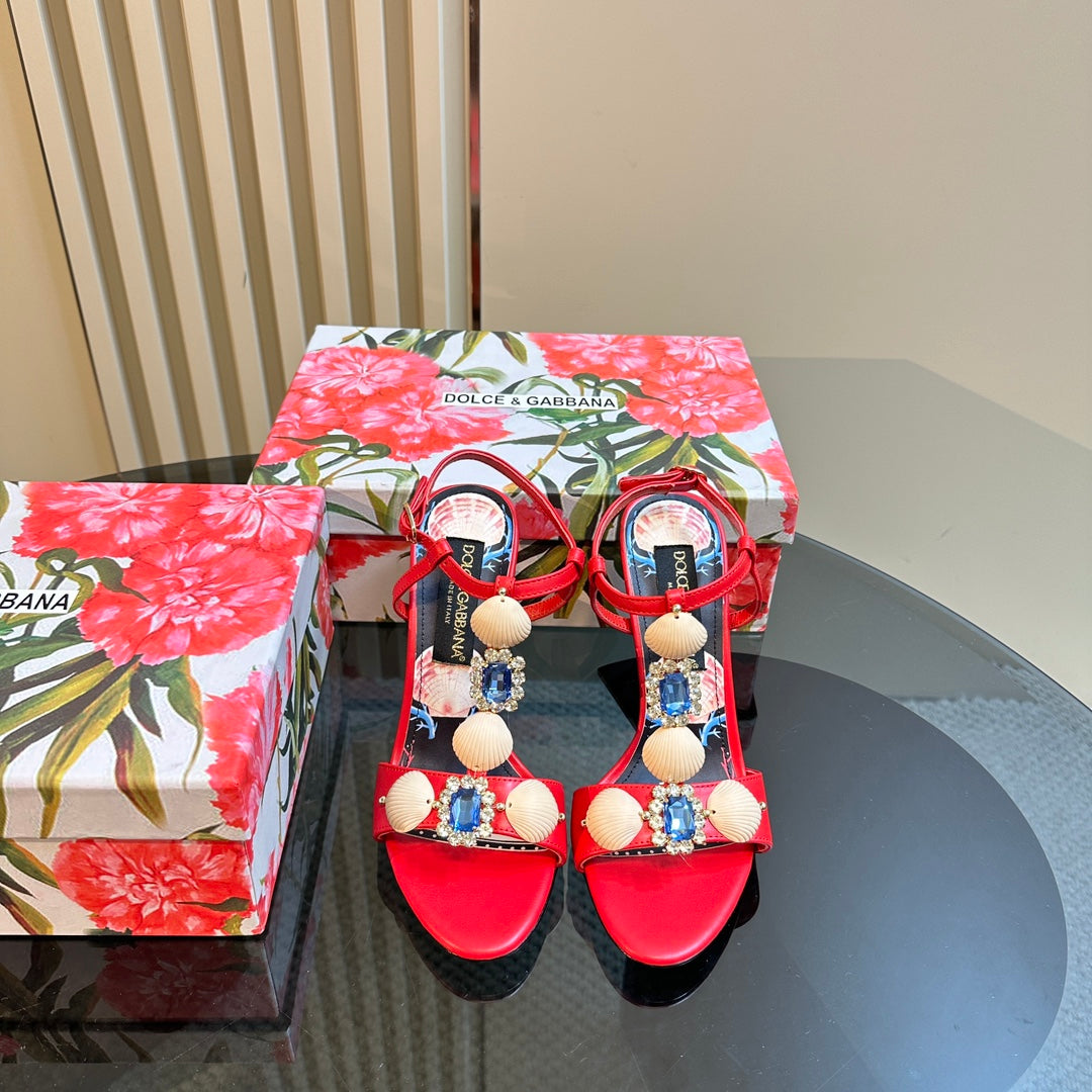 DC 24 Shell Rhinestone High Heel Sandals Red Cowhide & Sheepskin 946161