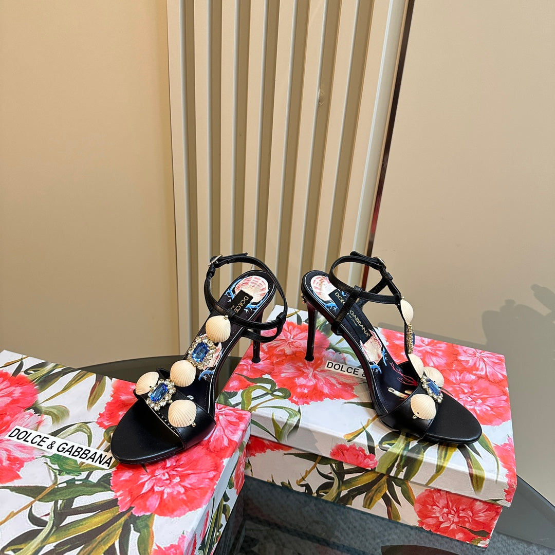 DC 24 Shell Rhinestone High Heel Sandals Black Cowhide & Sheepskin 946163