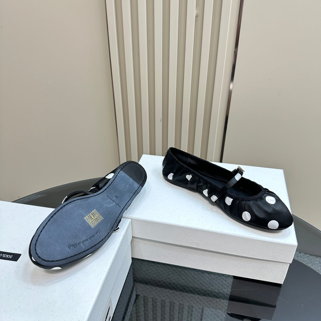 DC Polka-Dot Ballet Flats Black White Sheepskin & Silk 999234