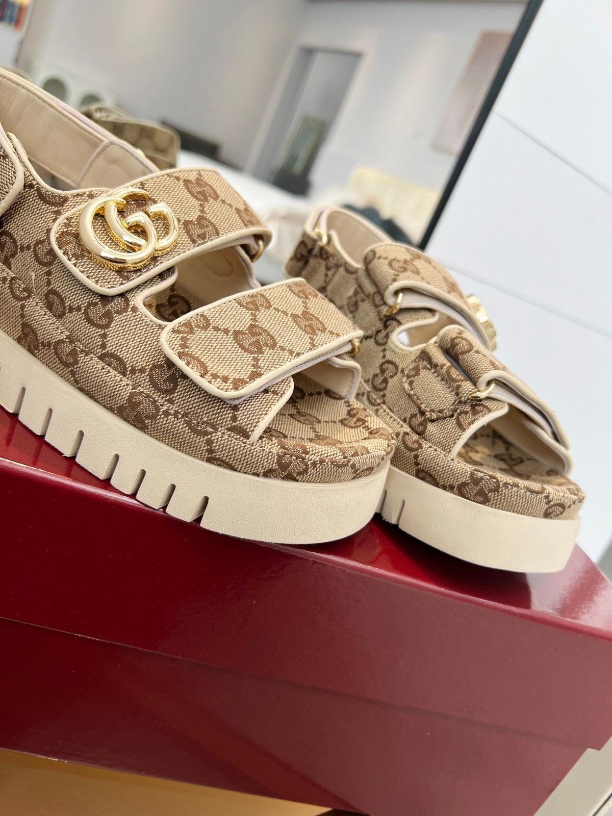 GG 26s Velcro Strap Sandals In Beige And Dark Brown Monogram Canvas Gold Hardware