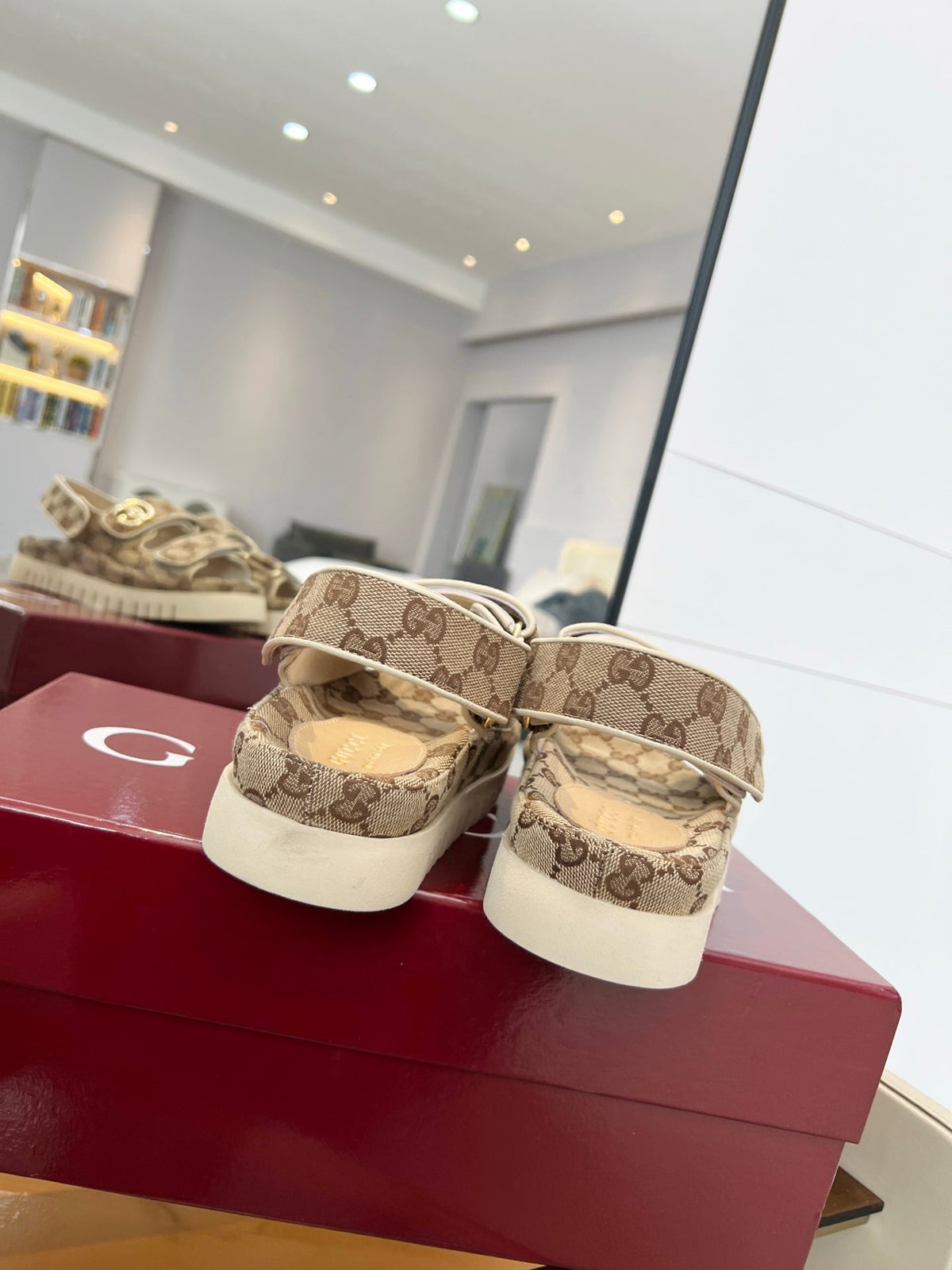 GG 26s Velcro Strap Sandals In Beige And Dark Brown Monogram Canvas Gold Hardware